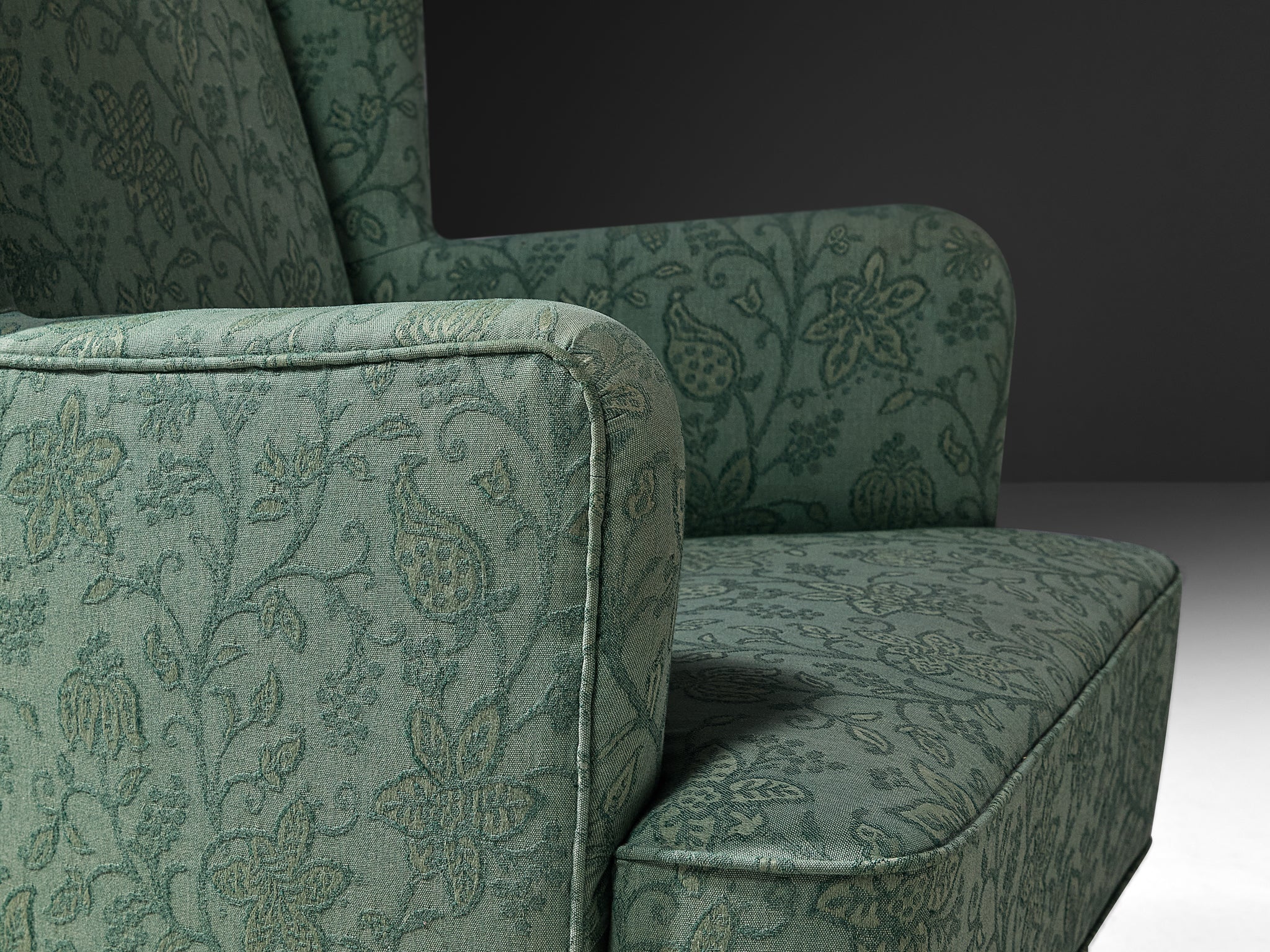 Swedish Art Deco Wing Back Chair in Mint Green Floral Upholstery Seating Morentz