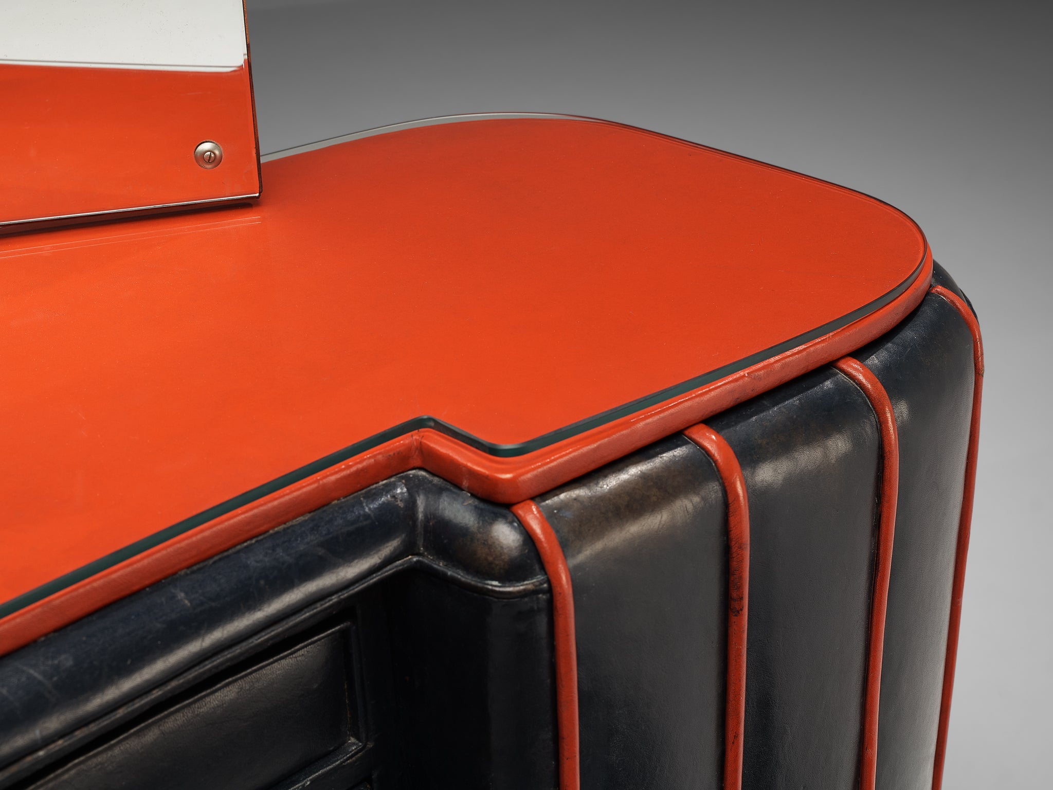 Danish Dressing Table in Navy Blue Leather and Red Lacquered Wood case pieces and storage cabinets Morentz