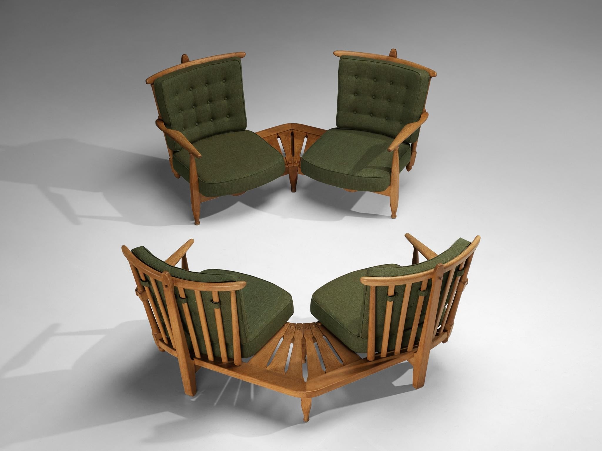 Guillerme & Chambron Lounge Set with Side Table Solid Oak and Green Fabric seating Morentz