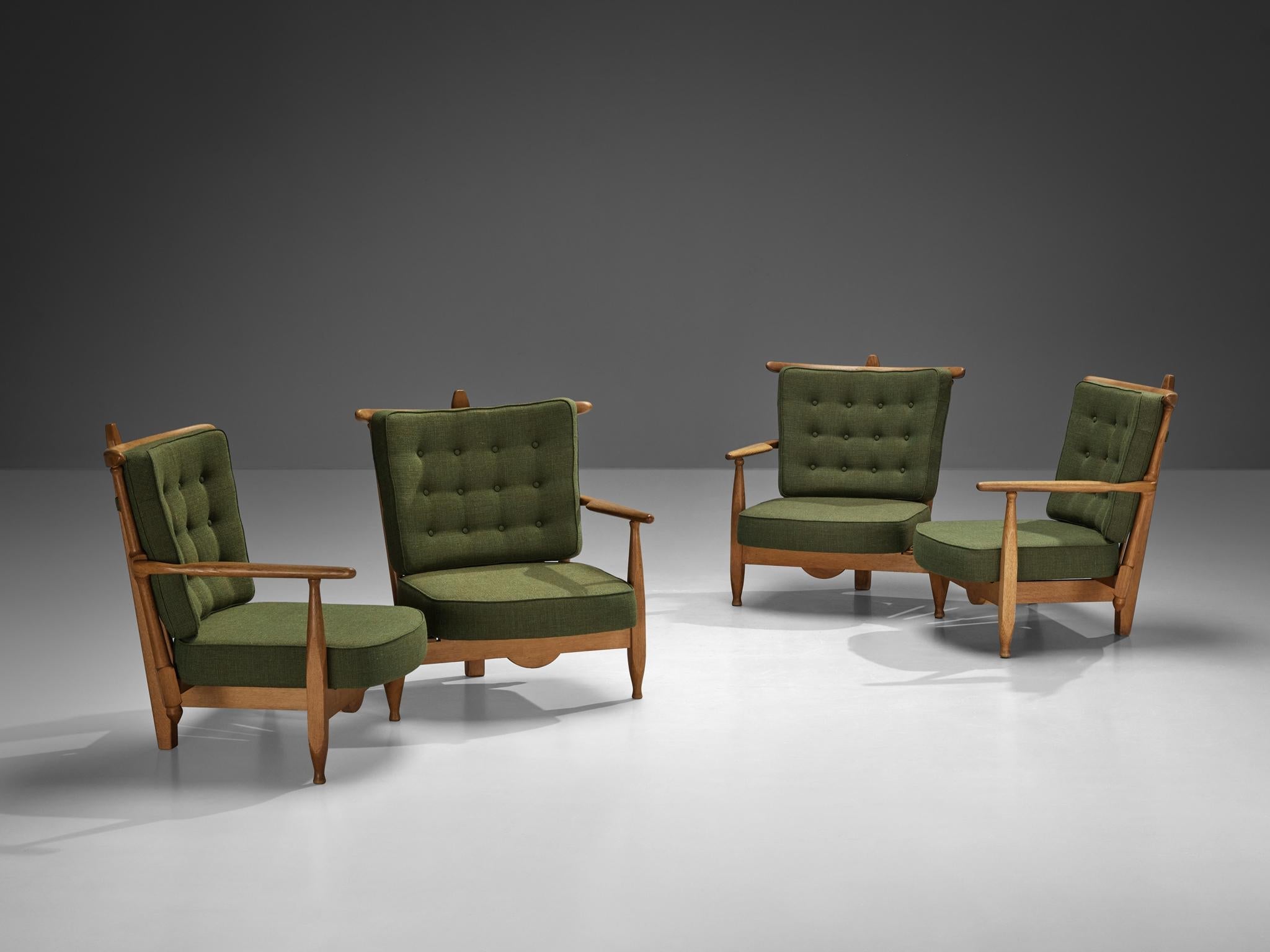 Guillerme & Chambron Lounge Set with Side Table Solid Oak and Green Fabric seating Morentz