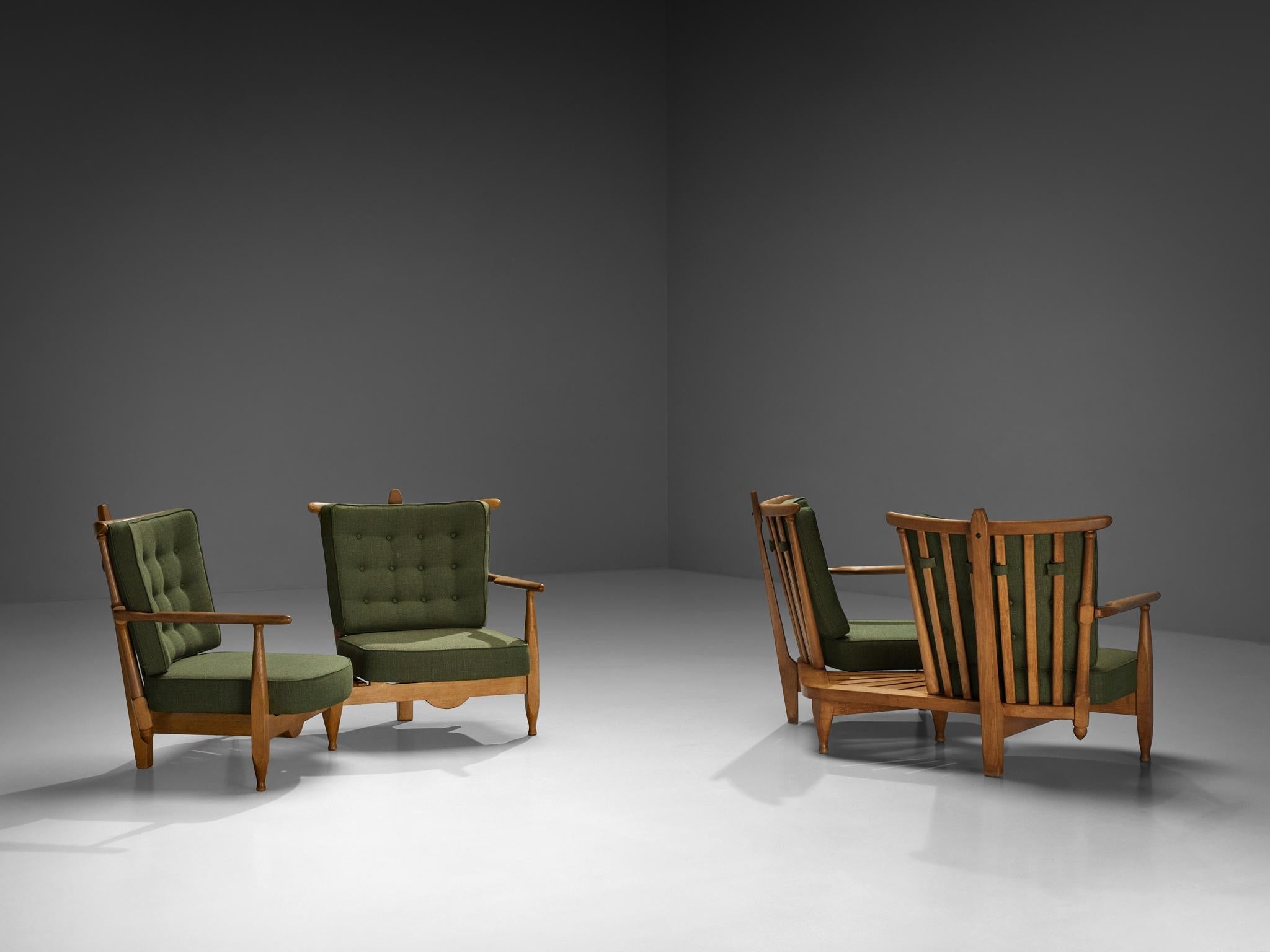 Guillerme & Chambron Lounge Set with Side Table Solid Oak and Green Fabric seating Morentz