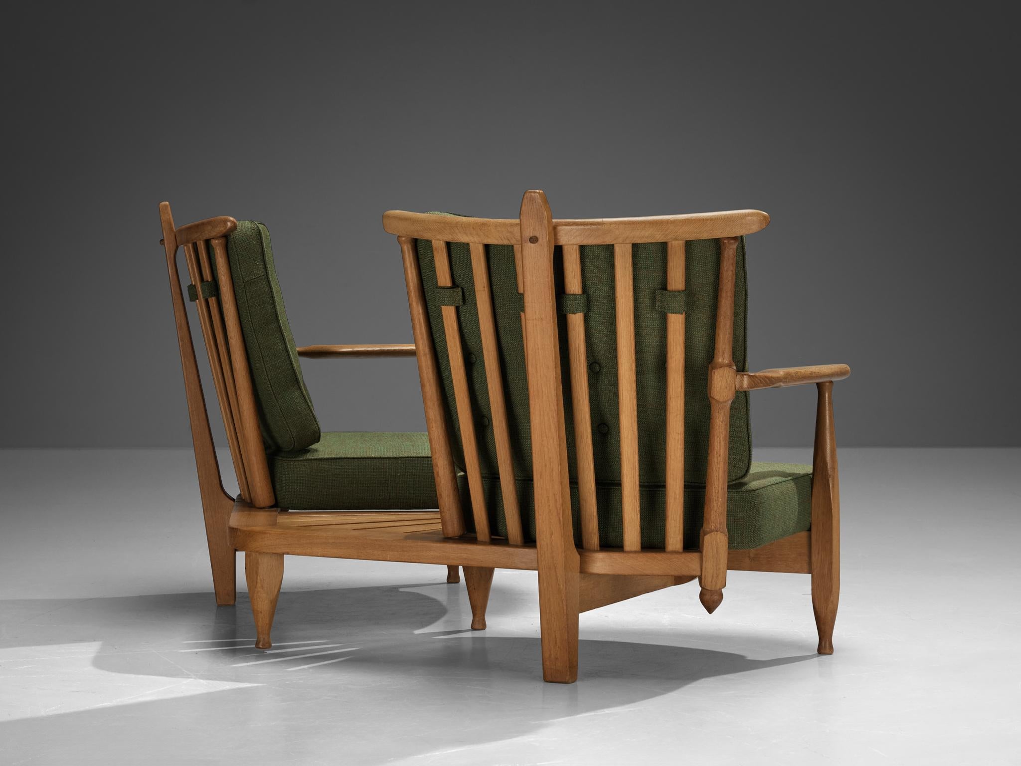 Guillerme & Chambron Lounge Set with Side Table Solid Oak and Green Fabric seating Morentz