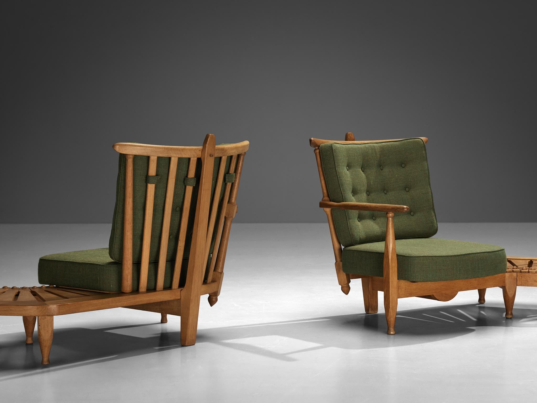 Guillerme & Chambron Lounge Set with Side Table Solid Oak and Green Fabric seating Morentz