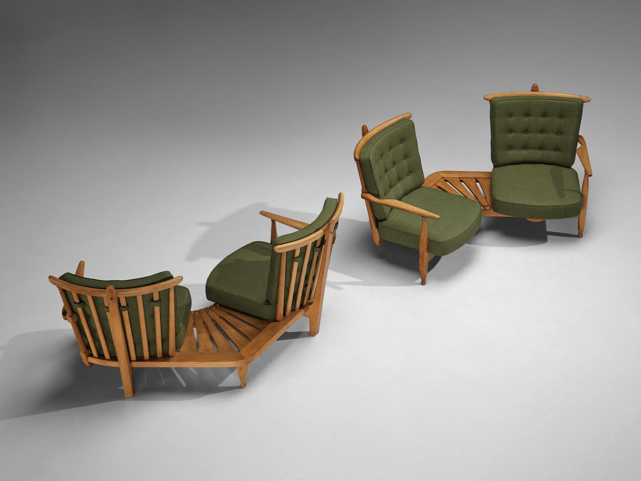 Guillerme & Chambron Lounge Set with Side Table Solid Oak and Green Fabric seating Morentz