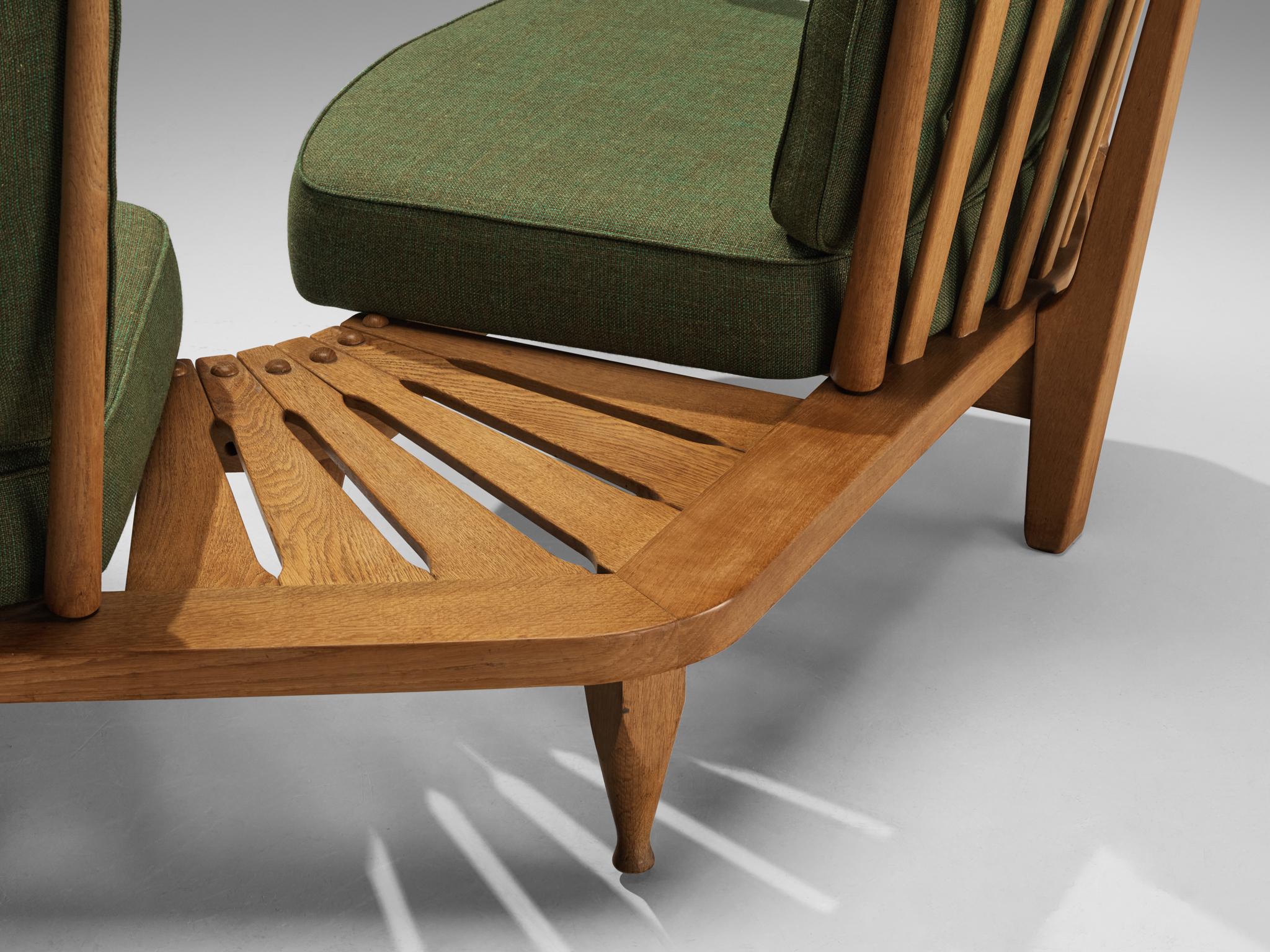Guillerme & Chambron Lounge Set with Side Table Solid Oak and Green Fabric seating Morentz