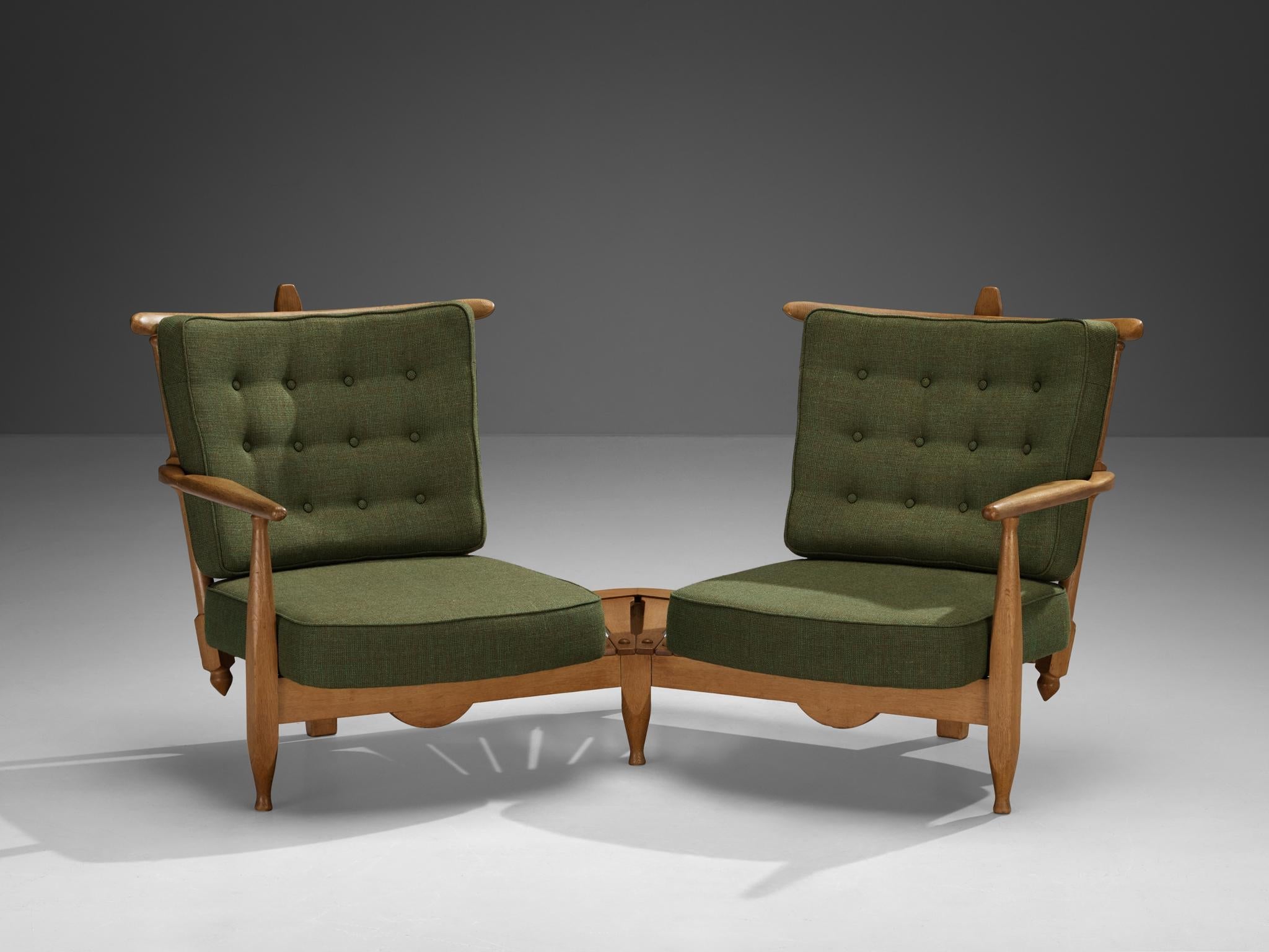 Guillerme & Chambron Lounge Set with Side Table Solid Oak and Green Fabric seating Morentz