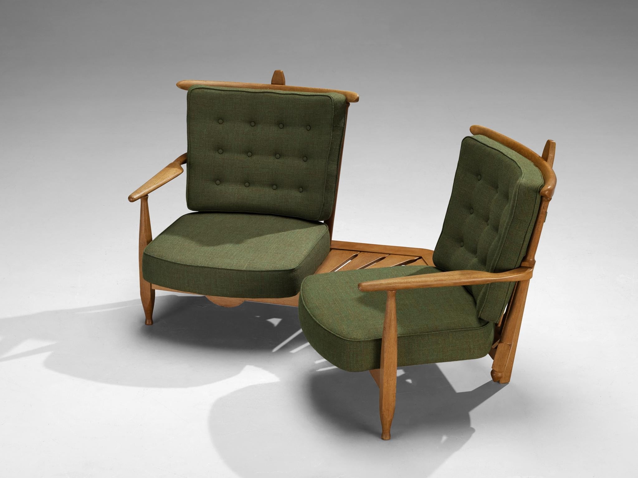 Guillerme & Chambron Lounge Set with Side Table Solid Oak and Green Fabric seating Morentz