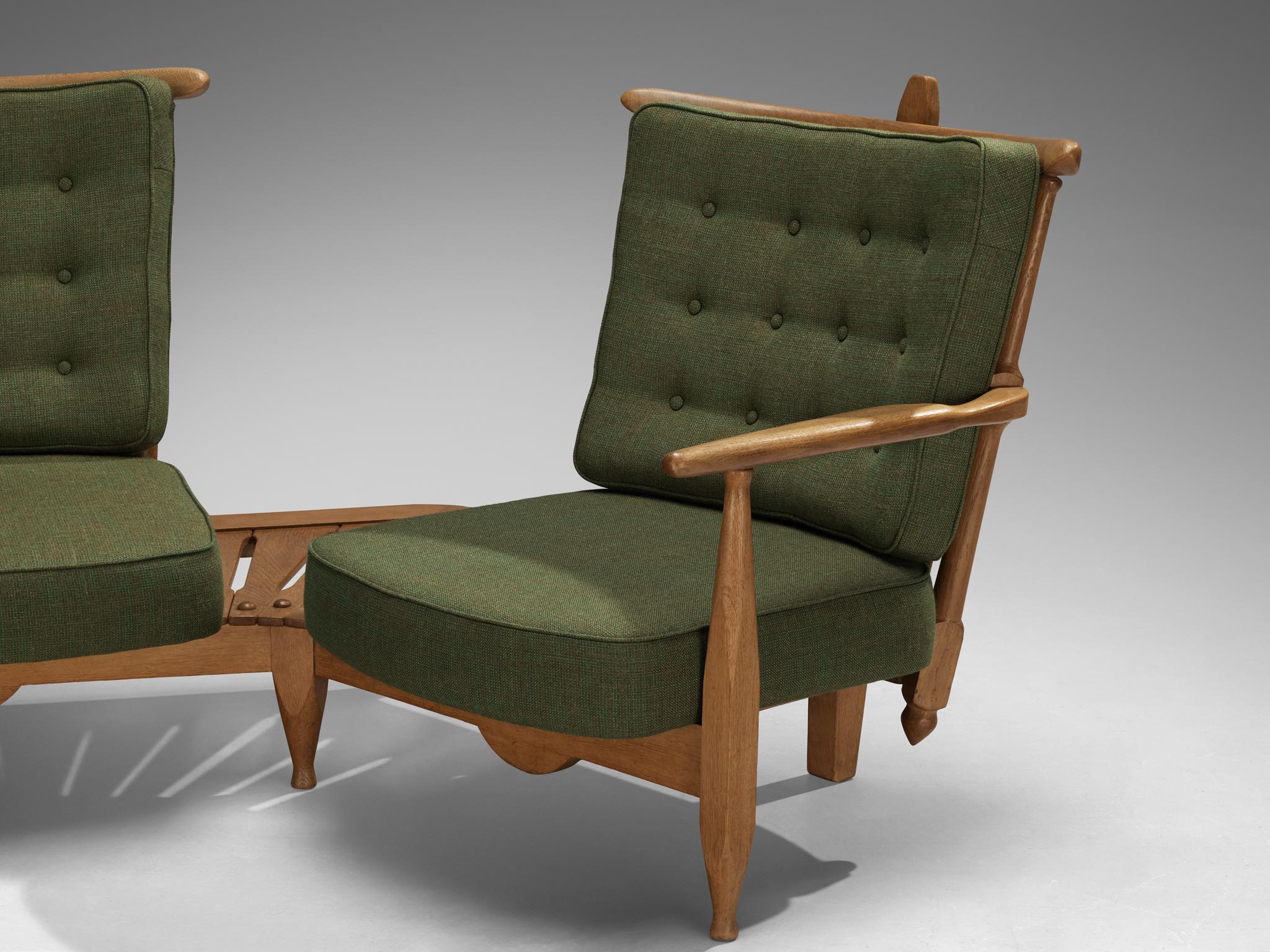 Guillerme & Chambron Lounge Set with Side Table Solid Oak and Green Fabric seating Morentz