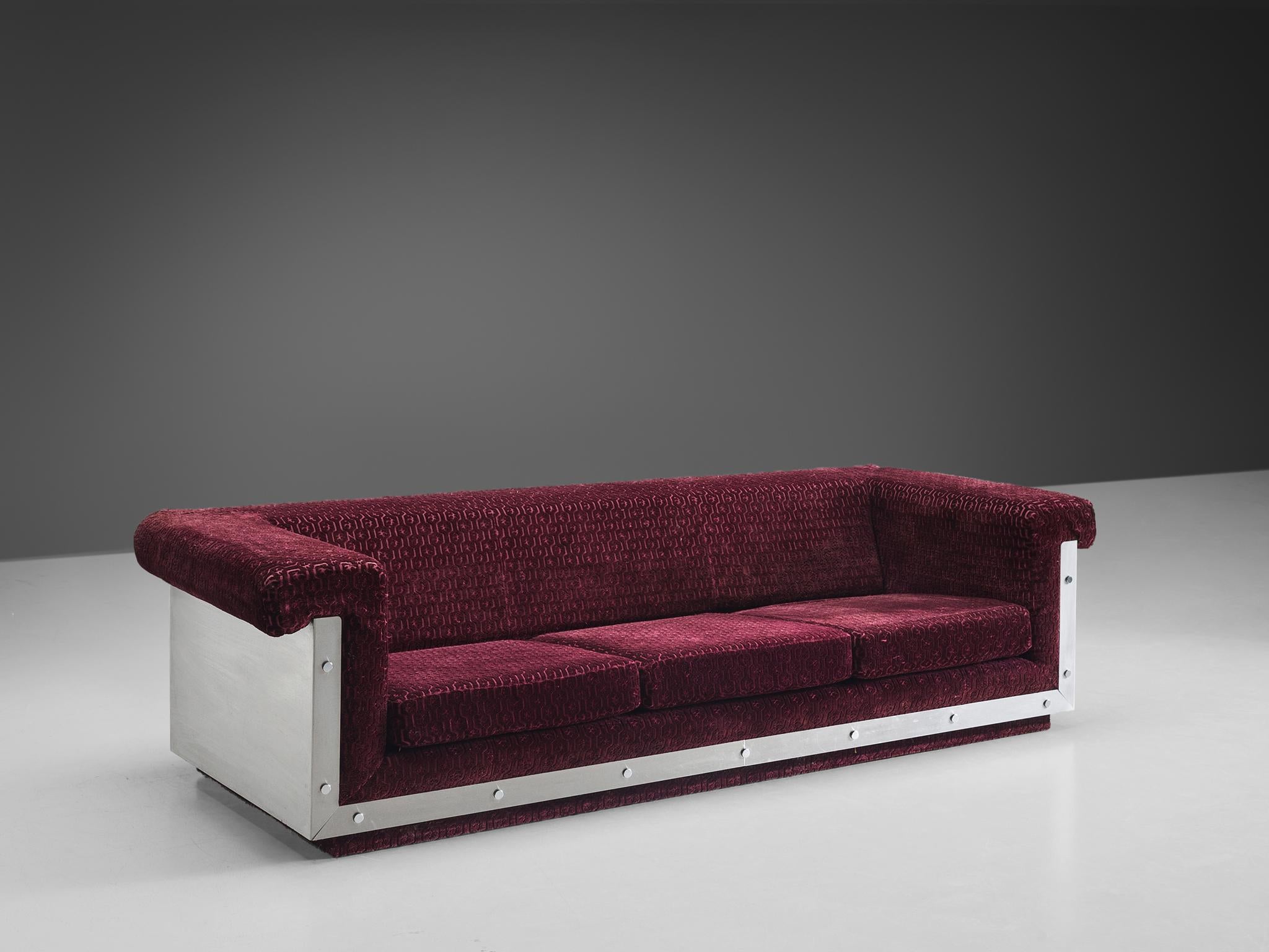 Postmodern French Sofa in Stainless Steel and Burgundy Velvet Upholstery seating Morentz