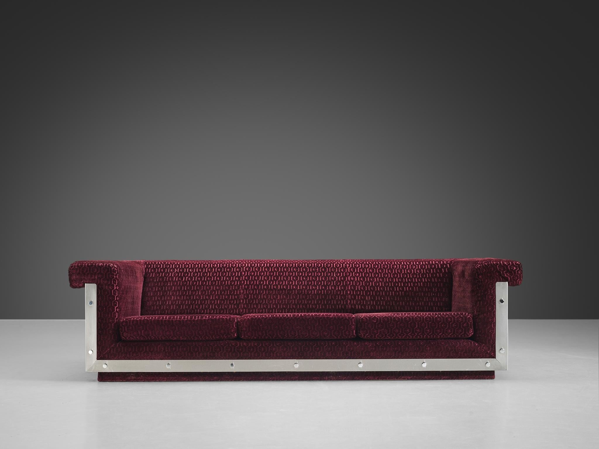 Postmodern French Sofa in Stainless Steel and Burgundy Velvet Upholstery seating Morentz