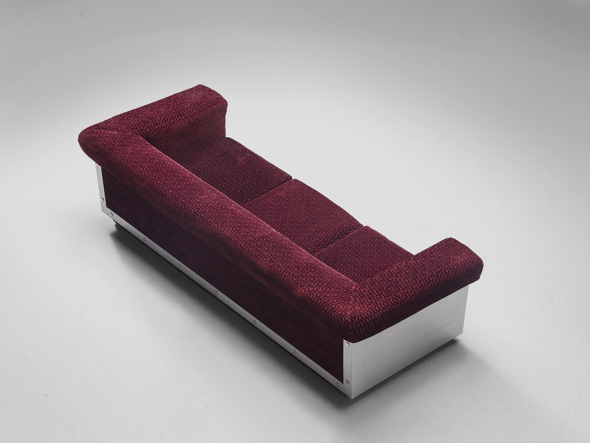Postmodern French Sofa in Stainless Steel and Burgundy Velvet Upholstery seating Morentz