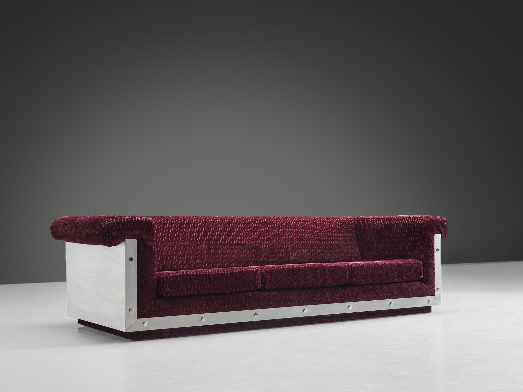 Postmodern French Sofa in Stainless Steel and Burgundy Velvet Upholstery seating Morentz