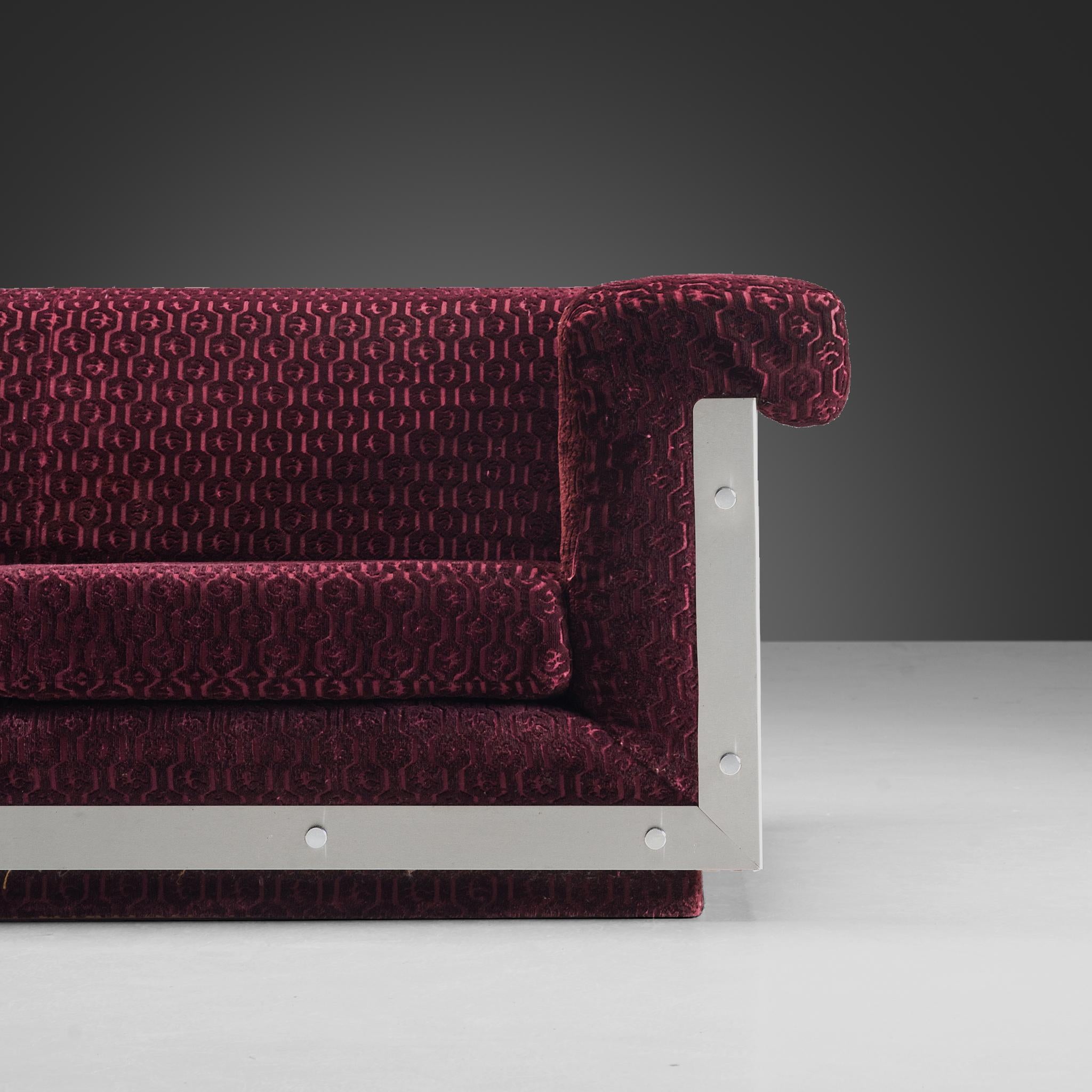 Postmodern French Sofa in Stainless Steel and Burgundy Velvet Upholstery seating Morentz