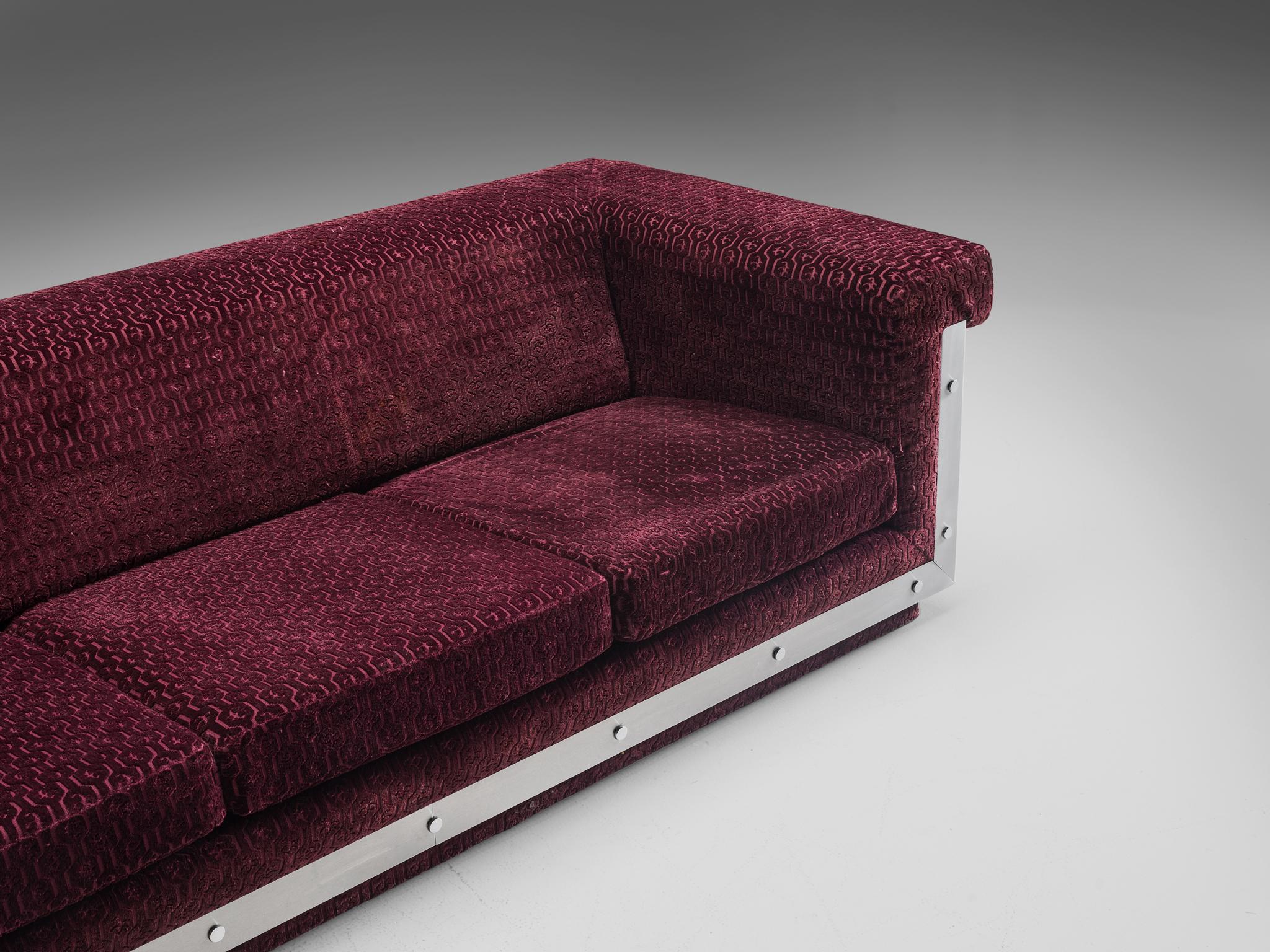 Postmodern French Sofa in Stainless Steel and Burgundy Velvet Upholstery seating Morentz