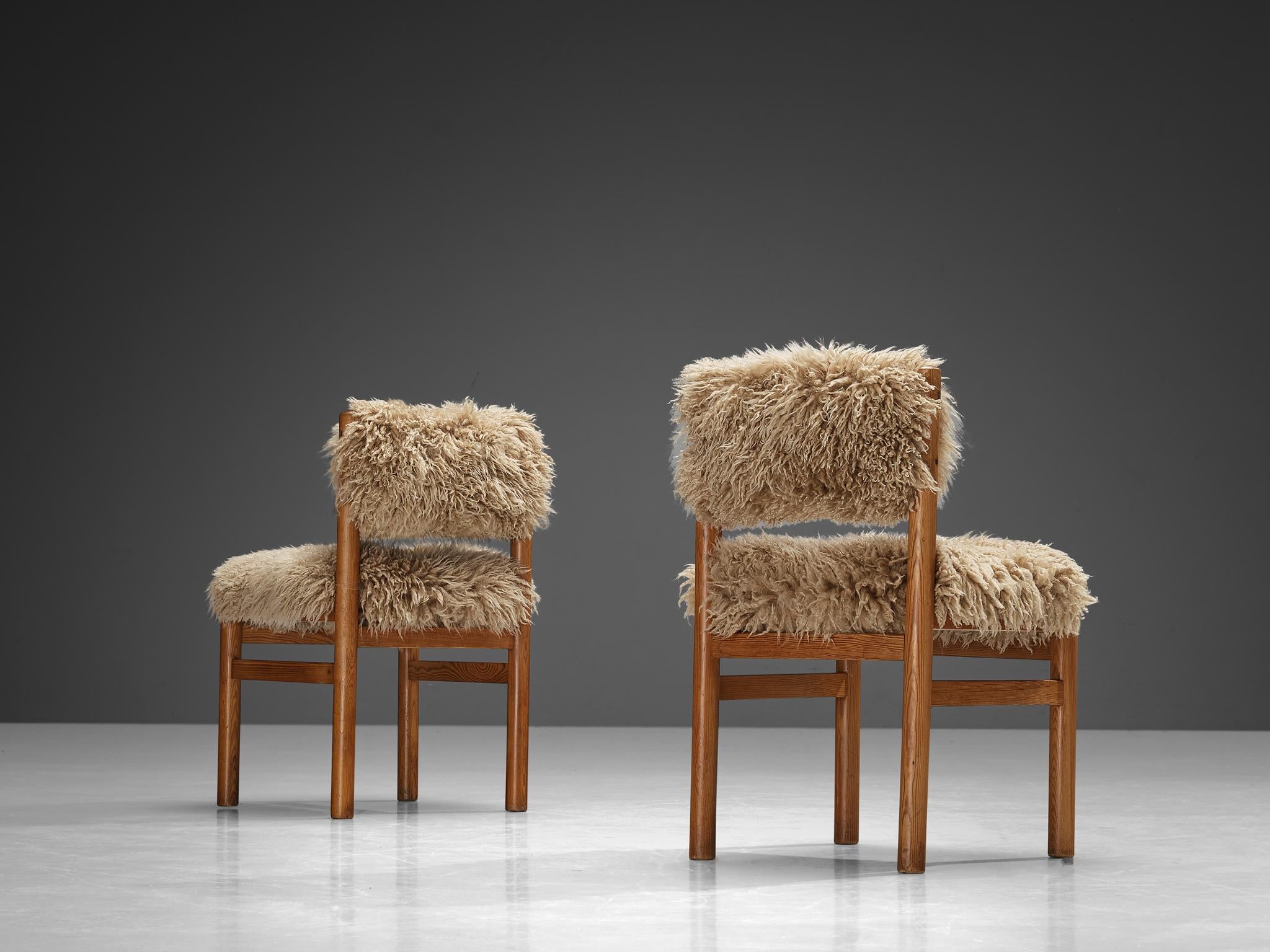 Set of Six Dining Chairs in Pine and Sheepskin