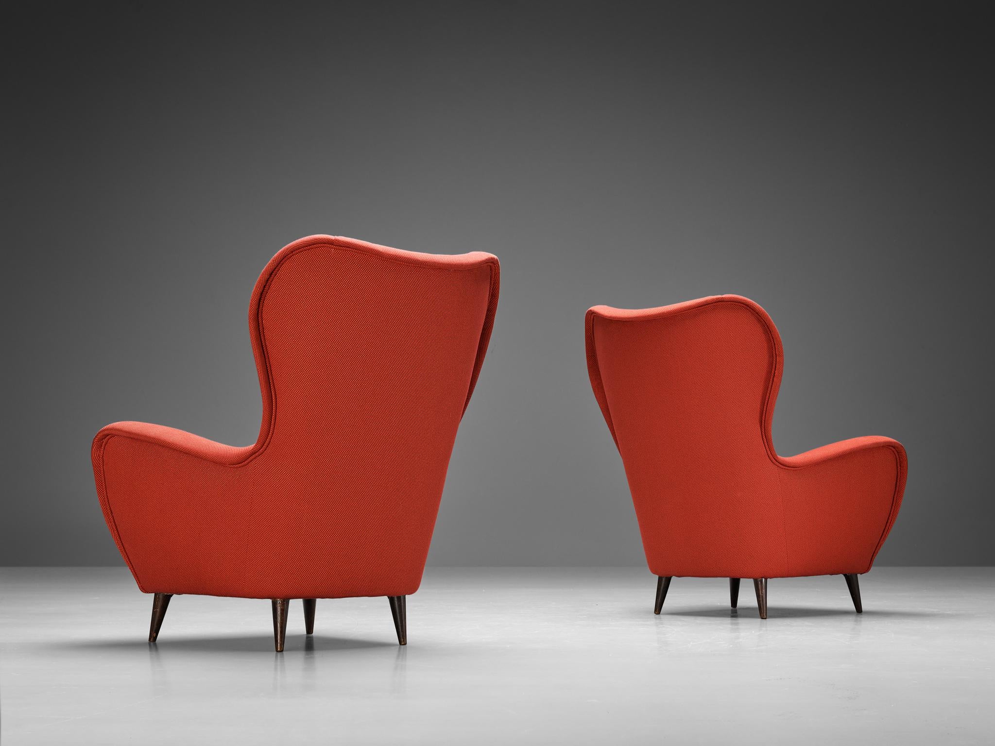 1950s Italian Pair of Wingback Chairs in Red Upholstery and Wood seating Morentz
