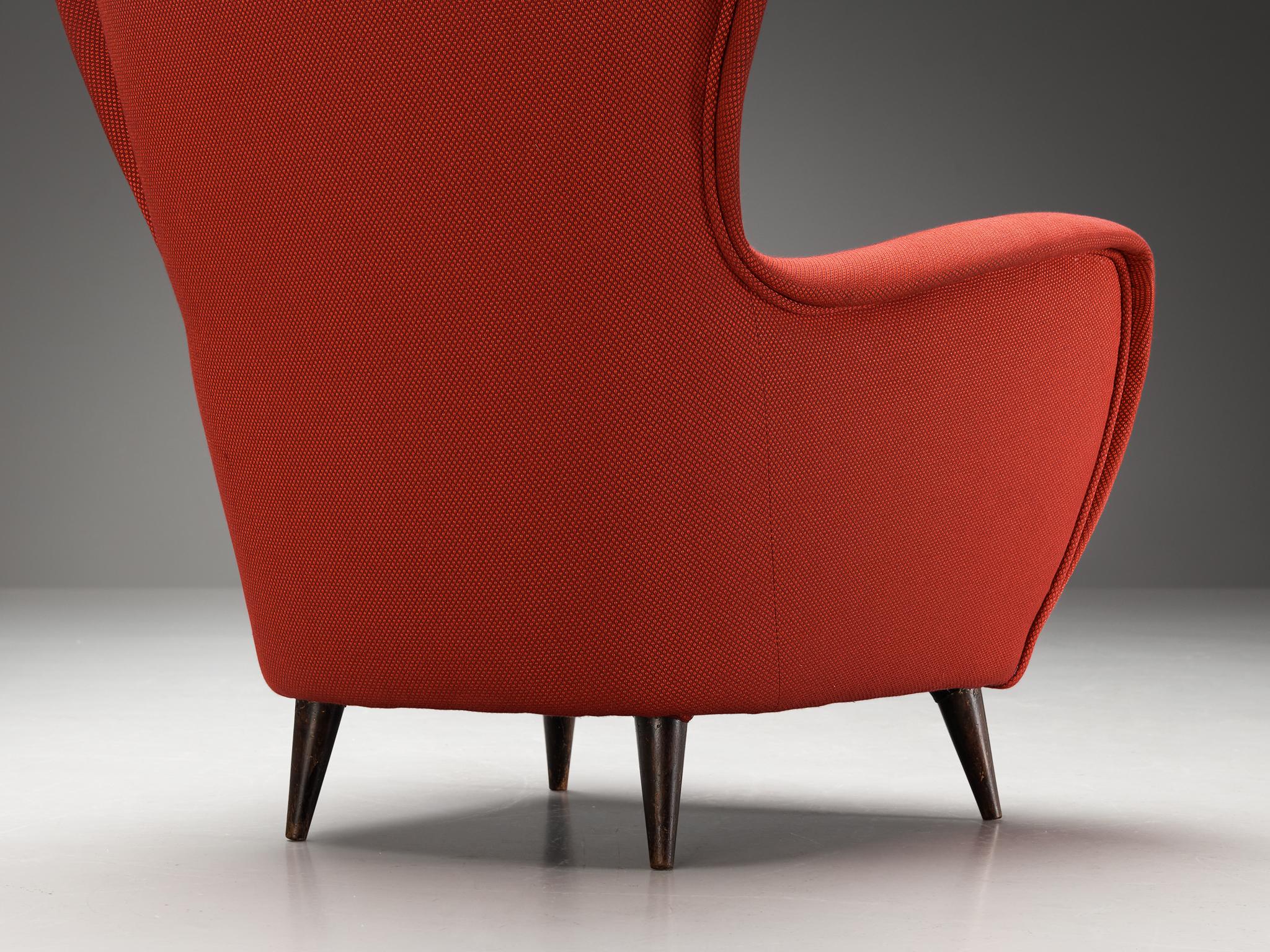 1950s Italian Wingback Chair in Red Upholstery and Wood seating Morentz