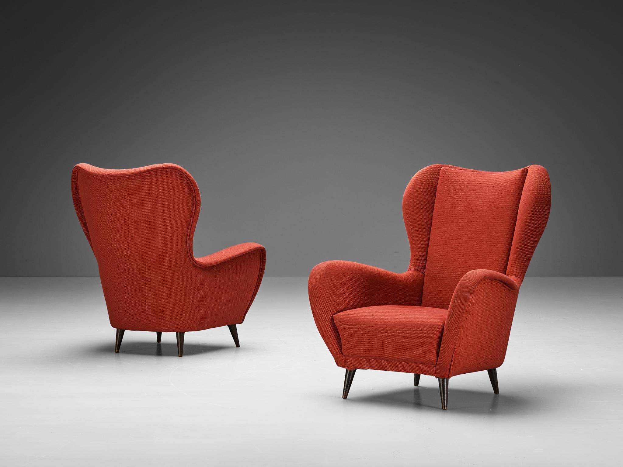1950s Italian Pair of Wingback Chairs in Red Upholstery and Wood seating Morentz