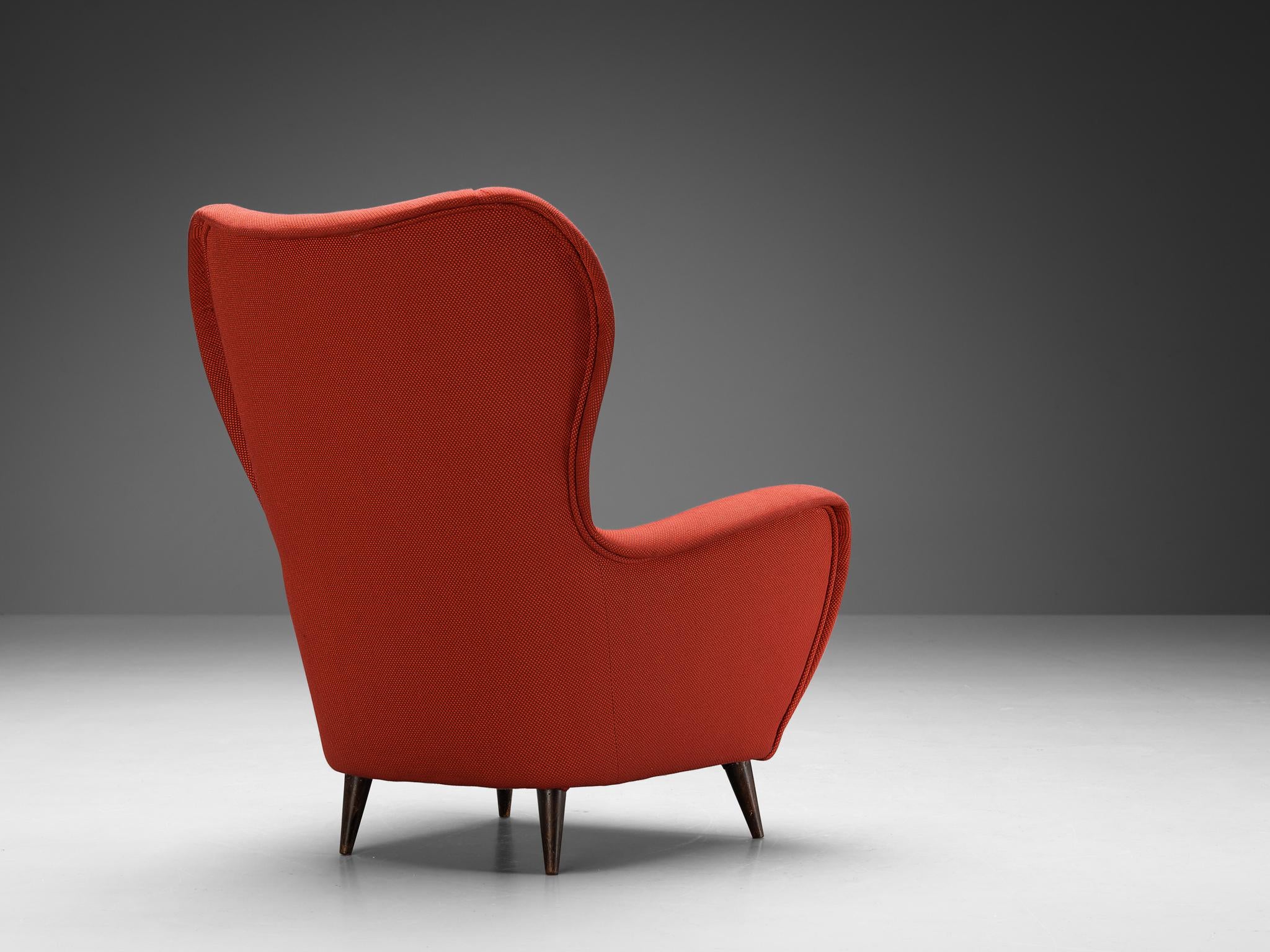 1950s Italian Wingback Chair in Red Upholstery and Wood seating Morentz
