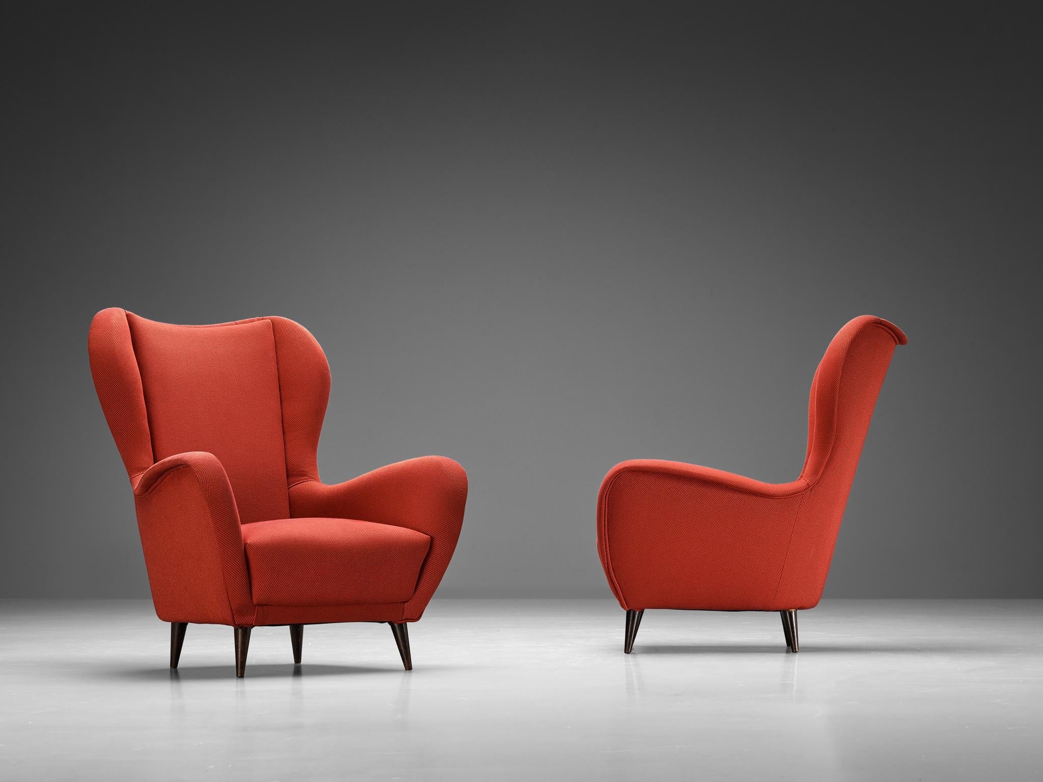 1950s Italian Pair of Wingback Chairs in Red Upholstery and Wood seating Morentz
