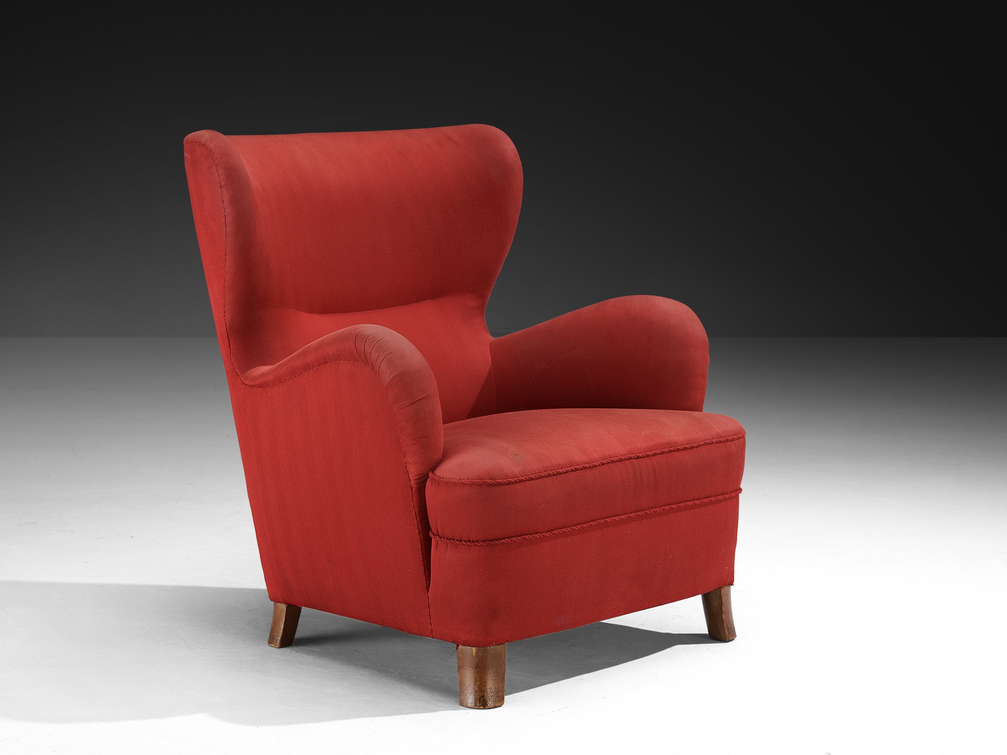 Danish Mid-Century Wingback Easy Chair in Red Upholstery and Walnut Seating Morentz