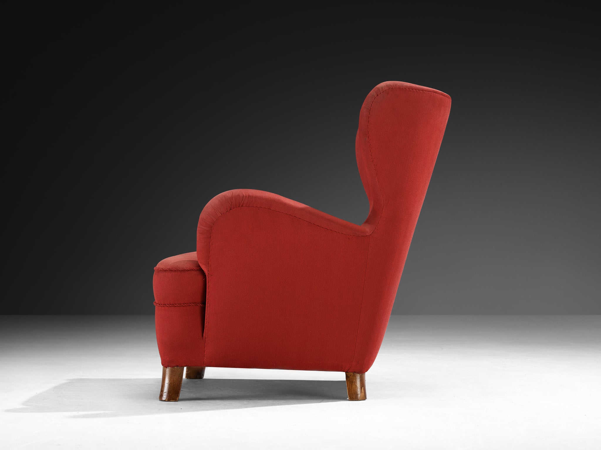 Danish Mid-Century Wingback Easy Chair in Red Upholstery and Walnut Seating Morentz