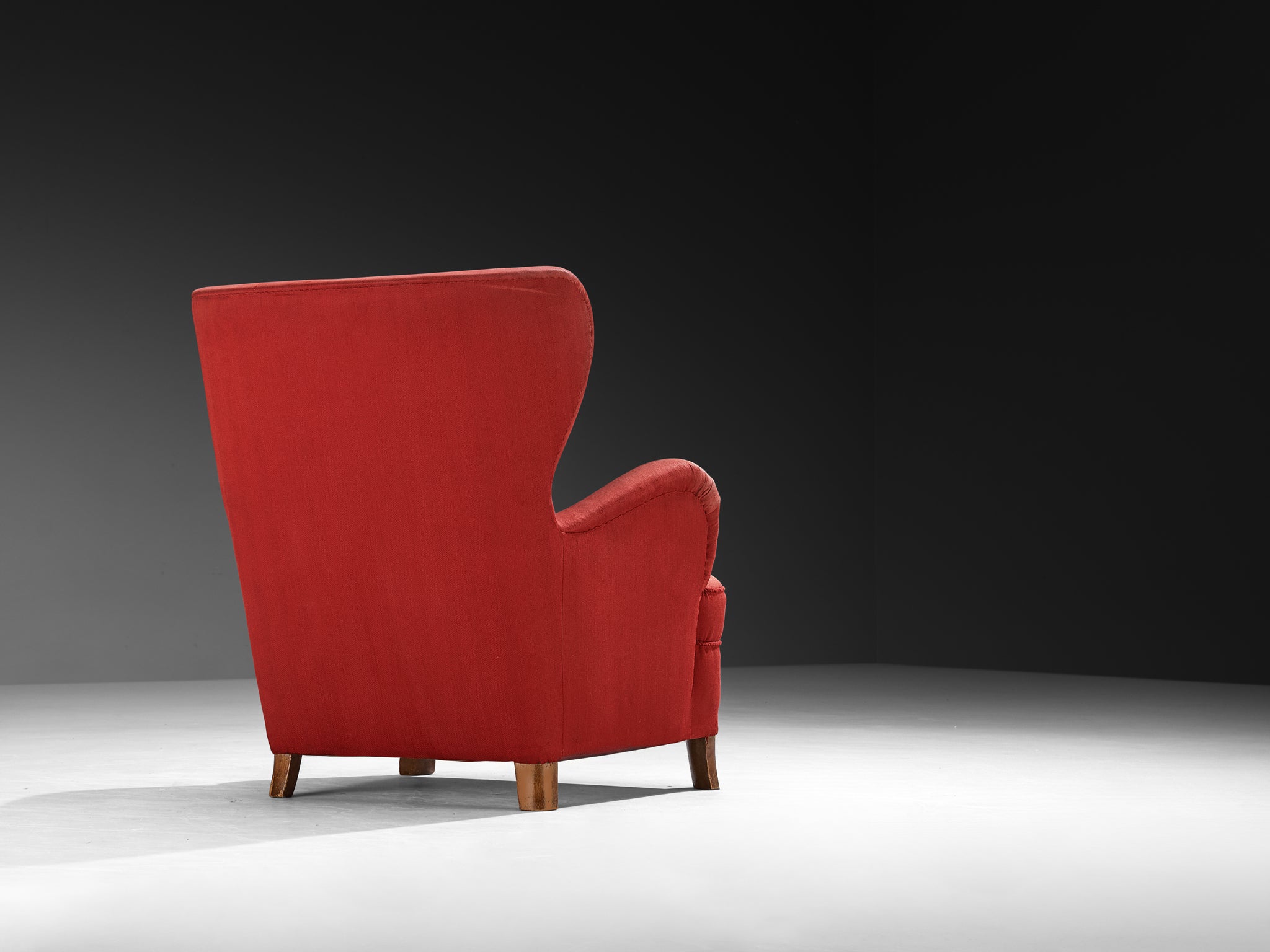 Danish Mid-Century Wingback Easy Chair in Red Upholstery and Walnut Seating Morentz