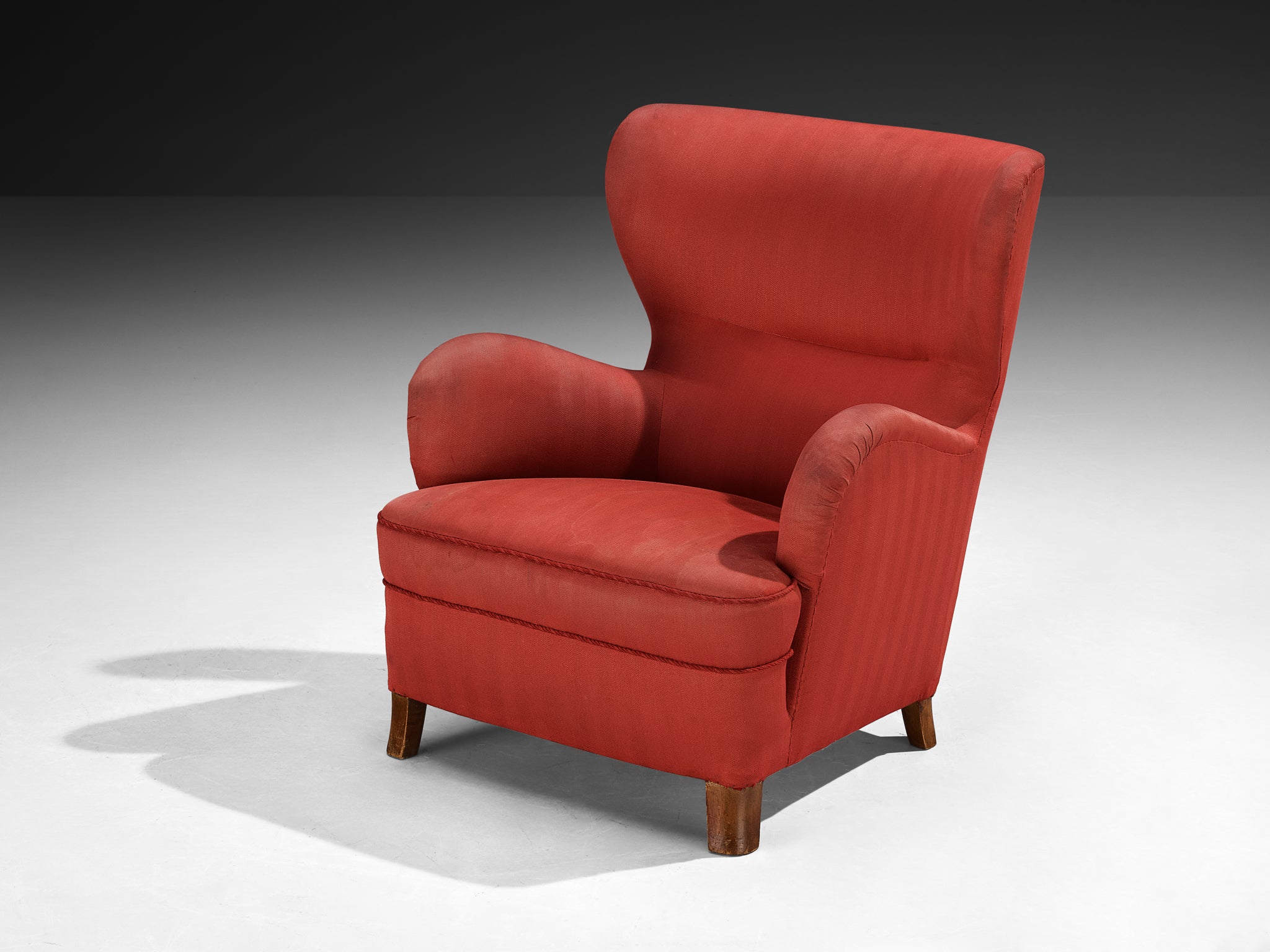 Danish Mid-Century Wingback Easy Chair in Red Upholstery and Walnut Seating Morentz