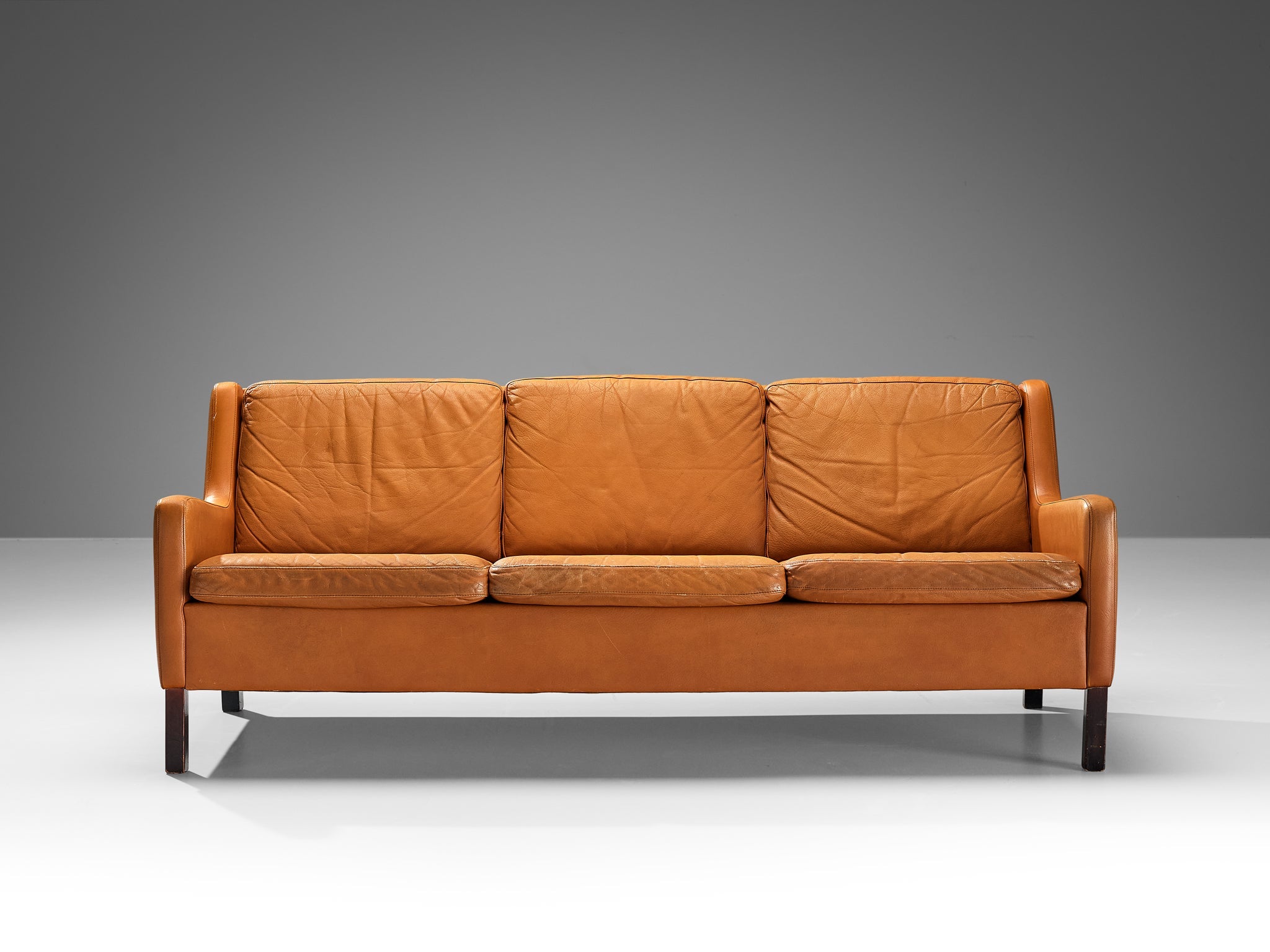 1960s Danish Three-Seat Sofa in Cognac Leather and Wood seating Morentz