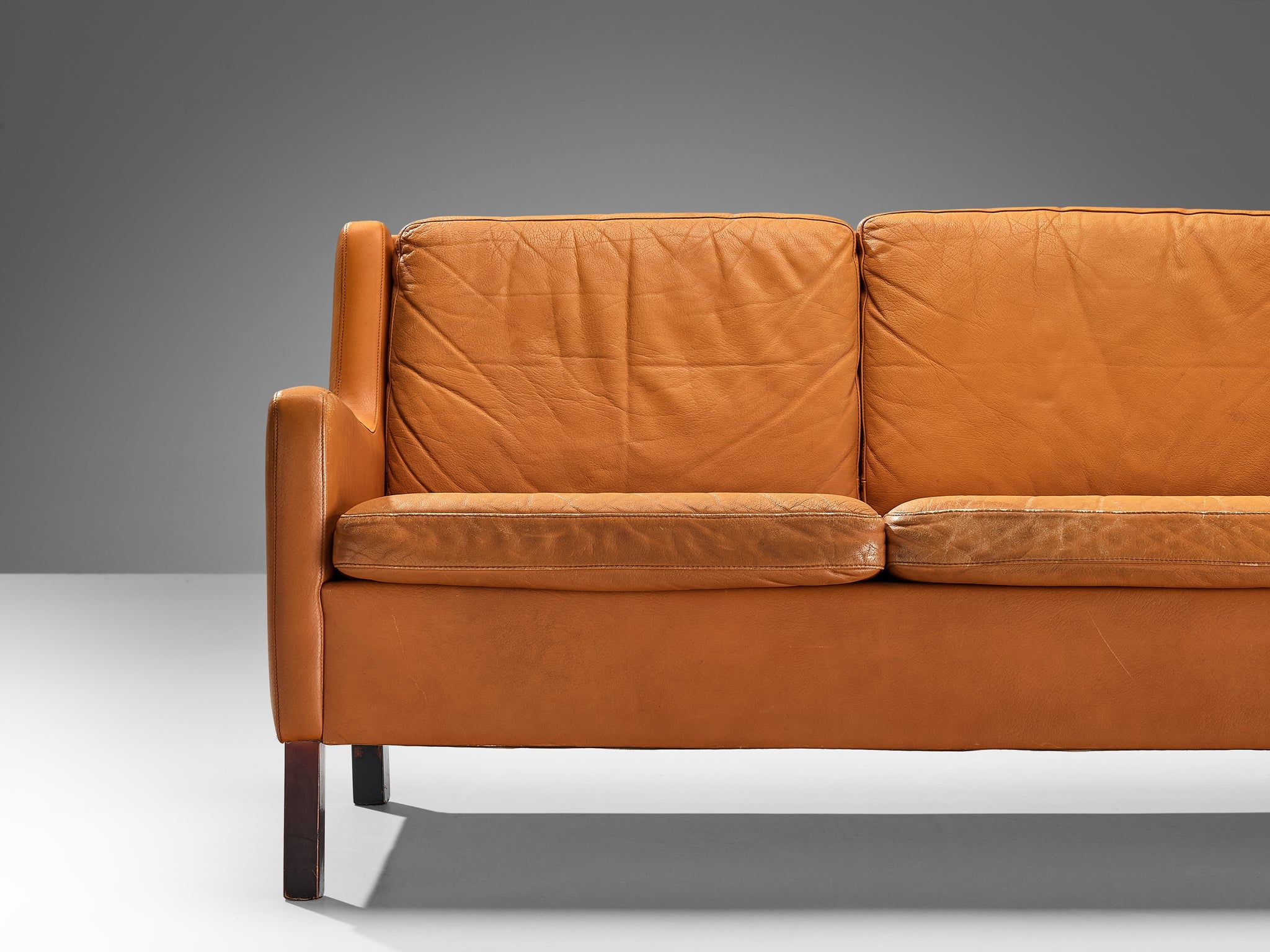 1960s Danish Three-Seat Sofa in Cognac Leather and Wood seating Morentz