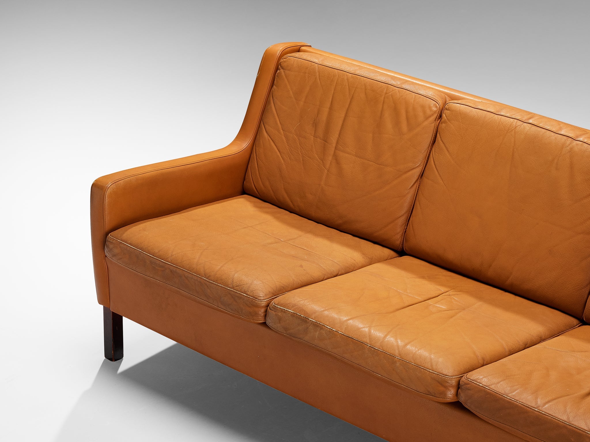 1960s Danish Three-Seat Sofa in Cognac Leather and Wood seating Morentz
