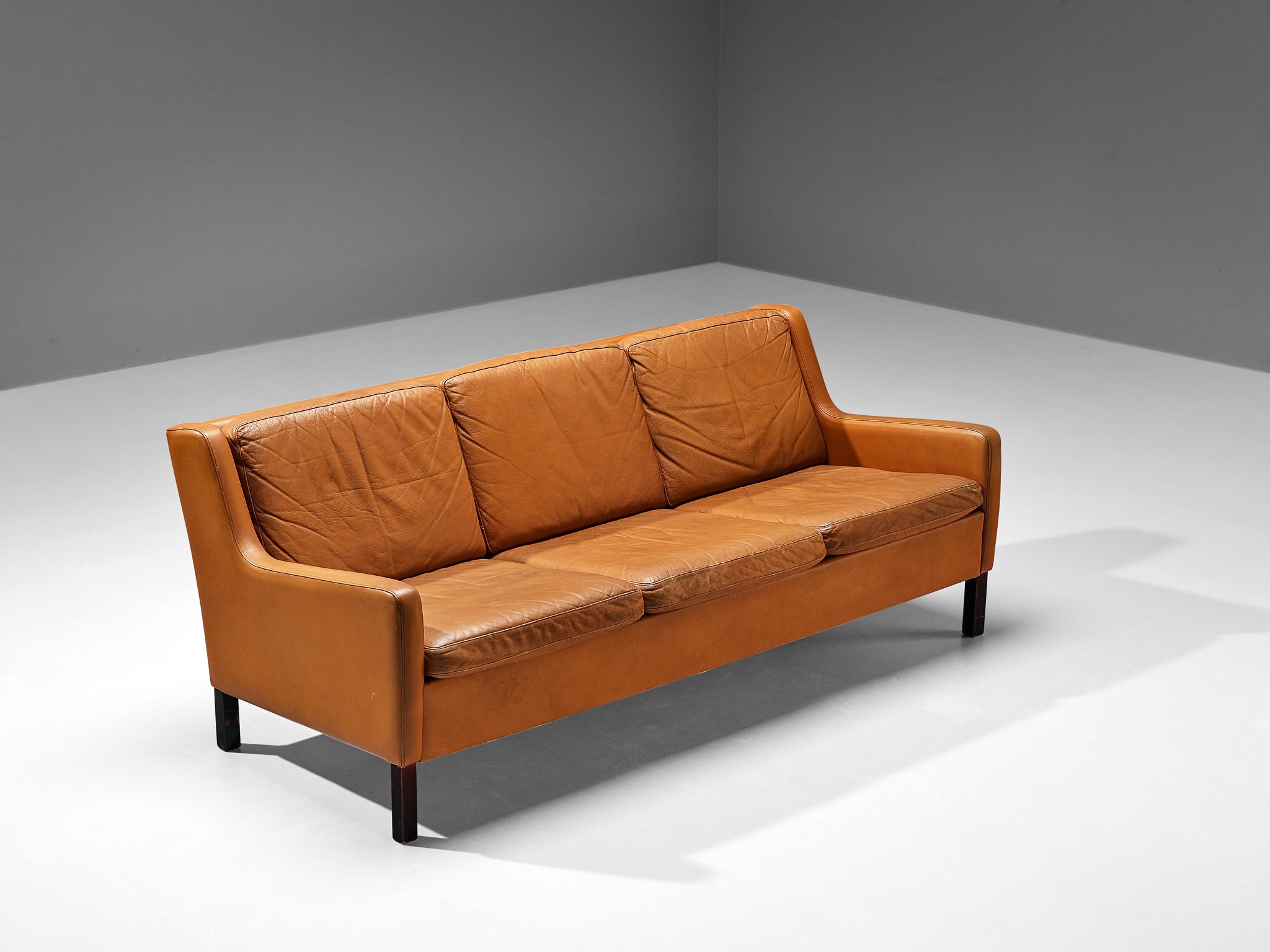 1960s Danish Three-Seat Sofa in Cognac Leather and Wood seating Morentz