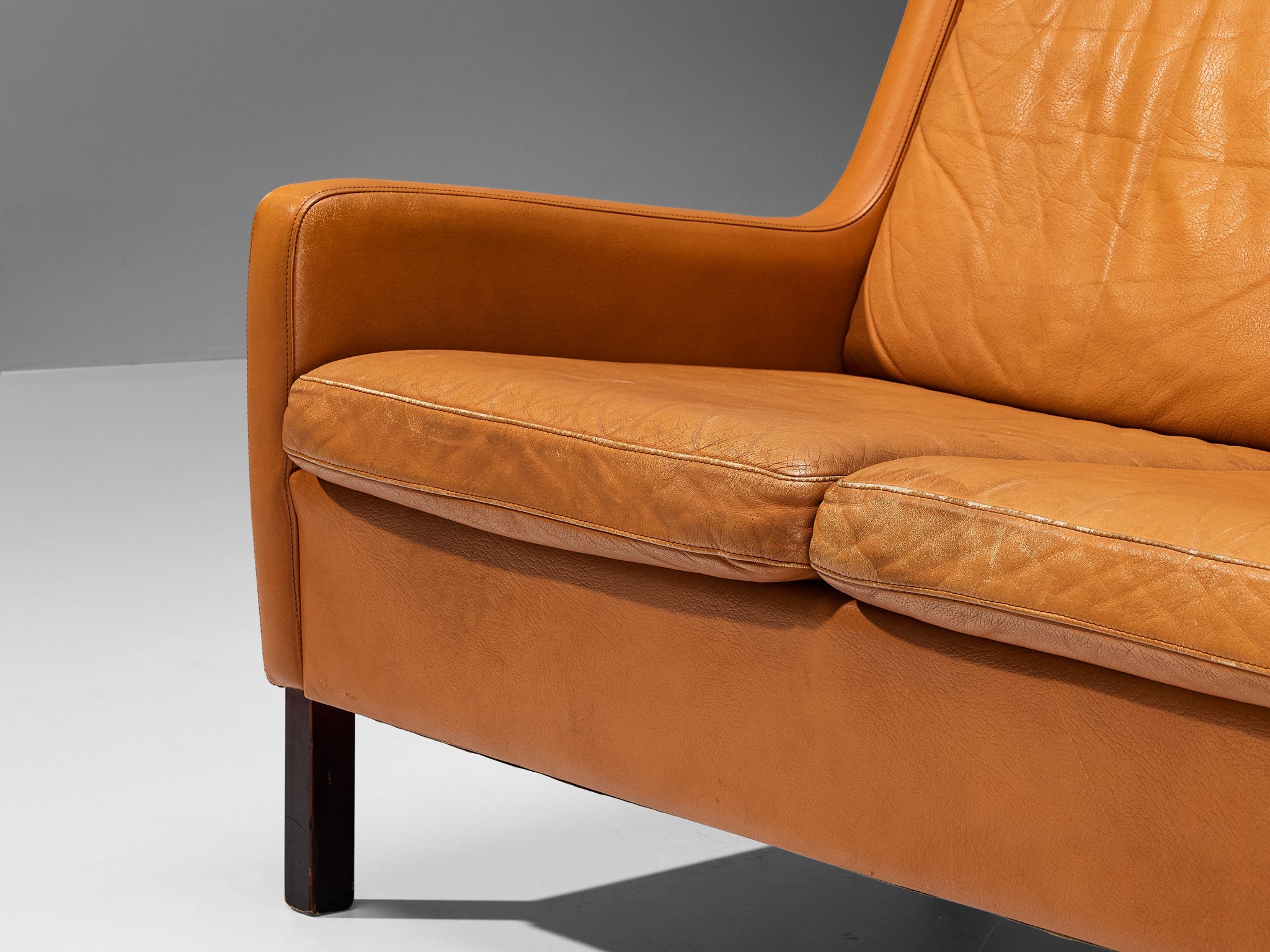 1960s Danish Three-Seat Sofa in Cognac Leather and Wood seating Morentz