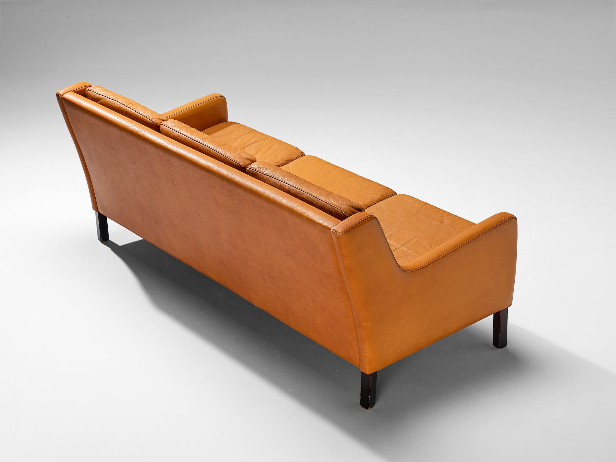 1960s Danish Three-Seat Sofa in Cognac Leather and Wood seating Morentz
