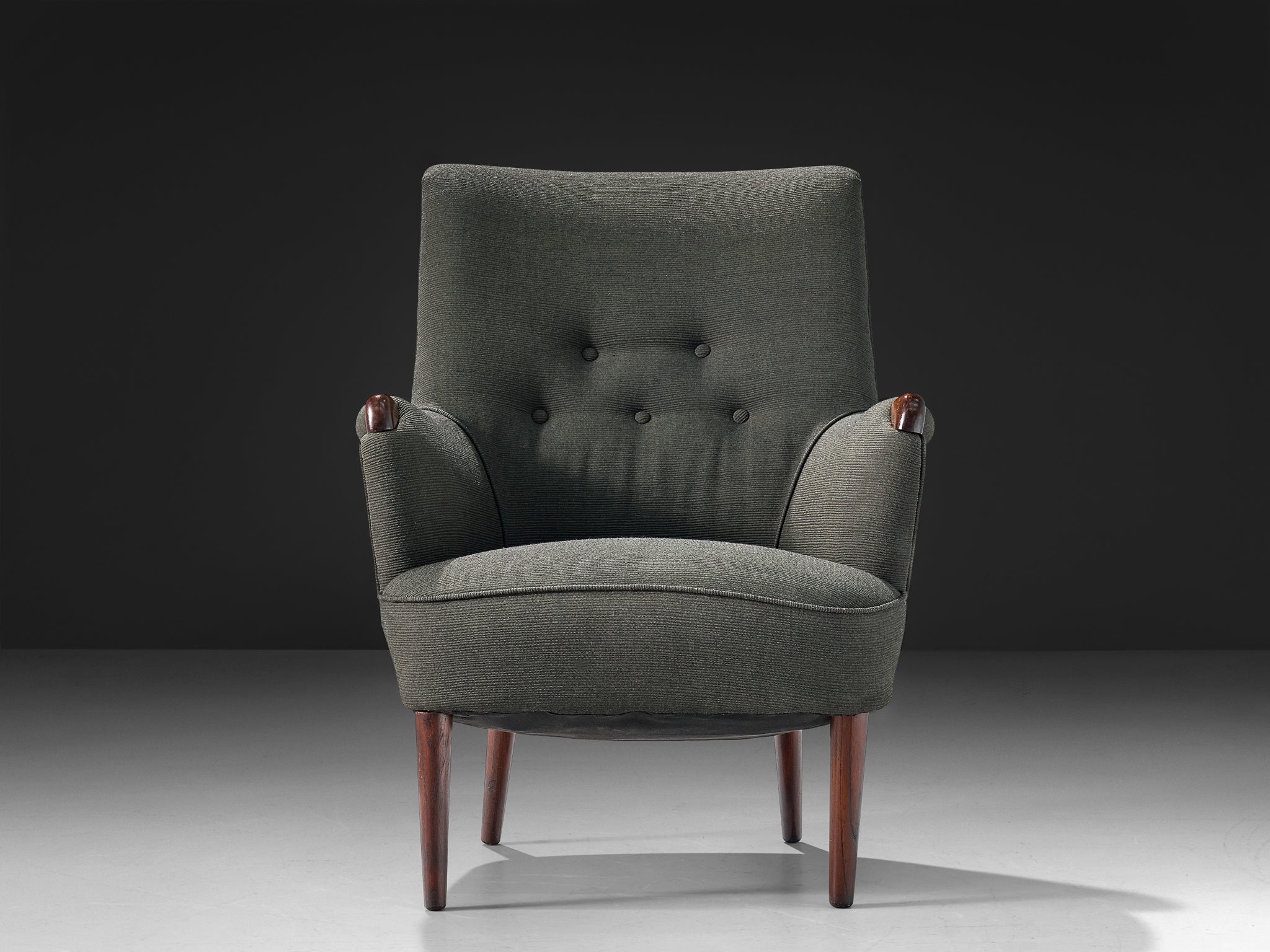 Scandinavian Modern Wingback Lounge Chair in Grey Upholstery and Teak Seating Morentz