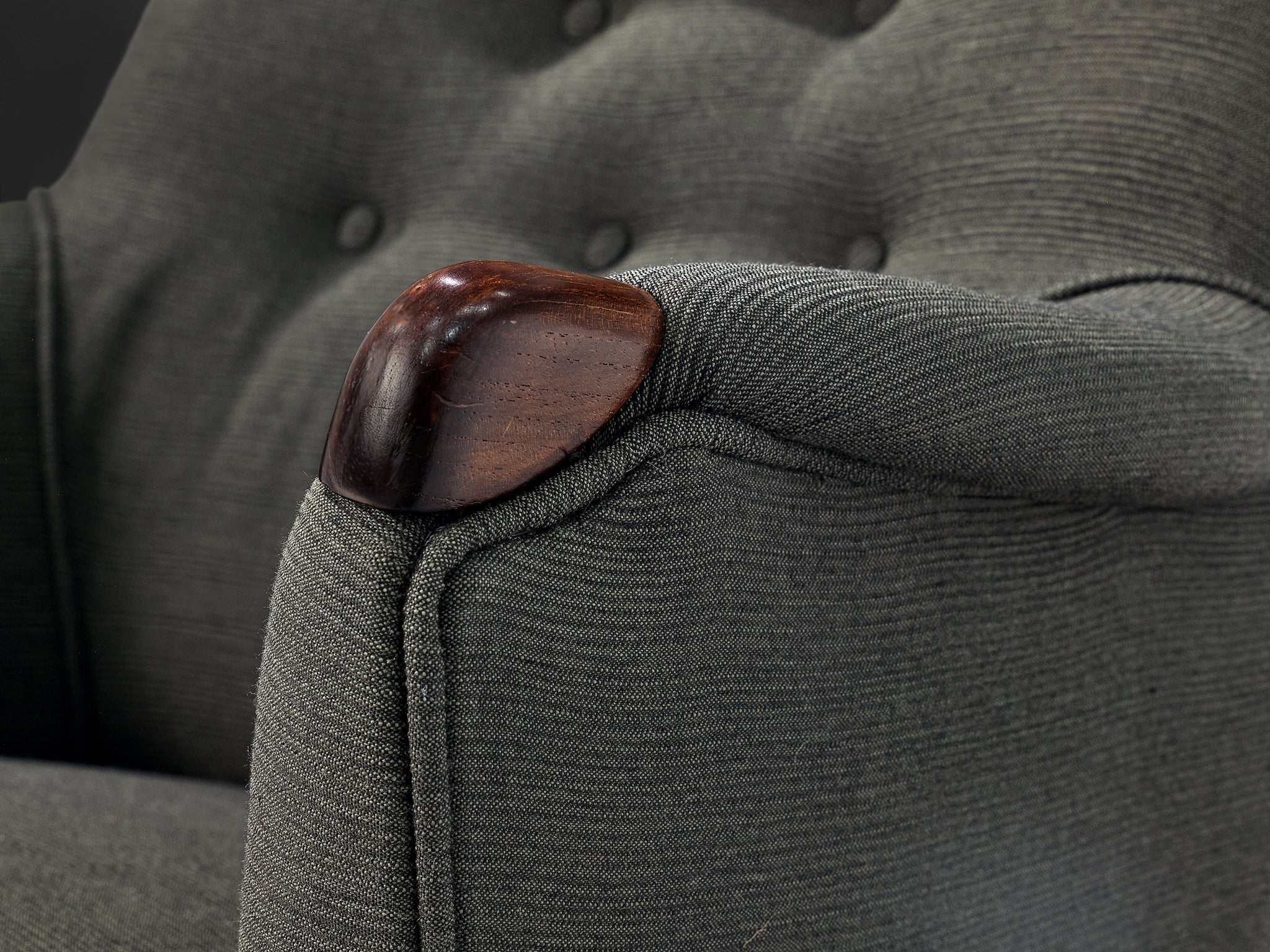 Scandinavian Modern Wingback Lounge Chair in Grey Upholstery and Teak Seating Morentz