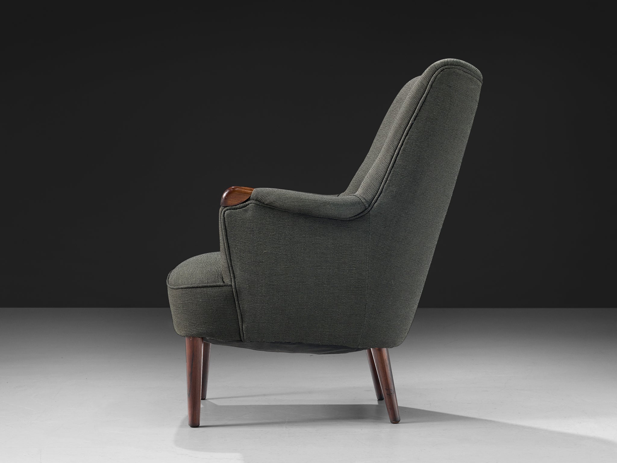 Scandinavian Modern Wingback Lounge Chair in Grey Upholstery and Teak Seating Morentz
