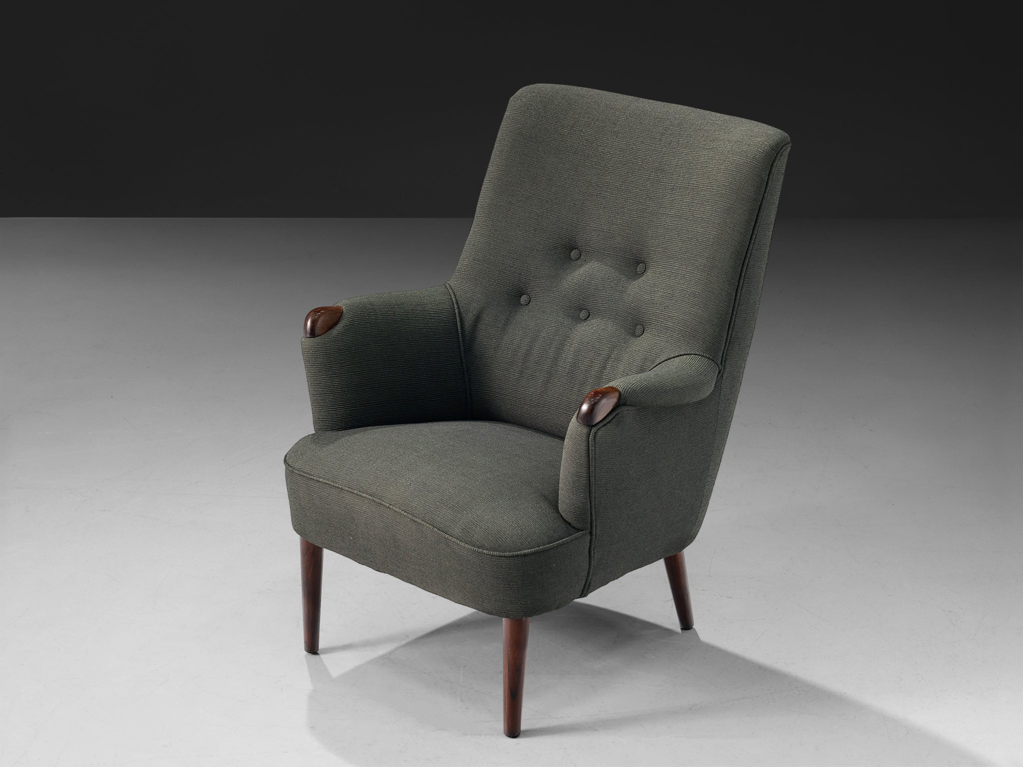 Scandinavian Modern Wingback Lounge Chair in Grey Upholstery and Teak Seating Morentz