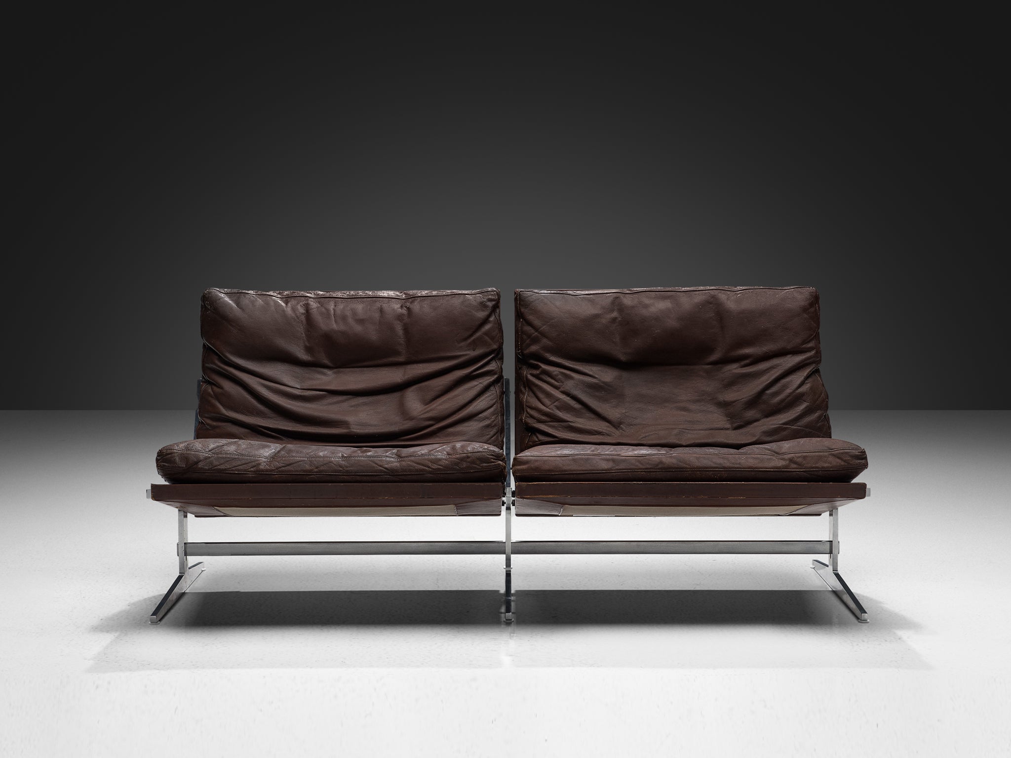 Preben Fabricius & Jørgen Kastholm Sofa in Brown Leather and Steel seating Morentz