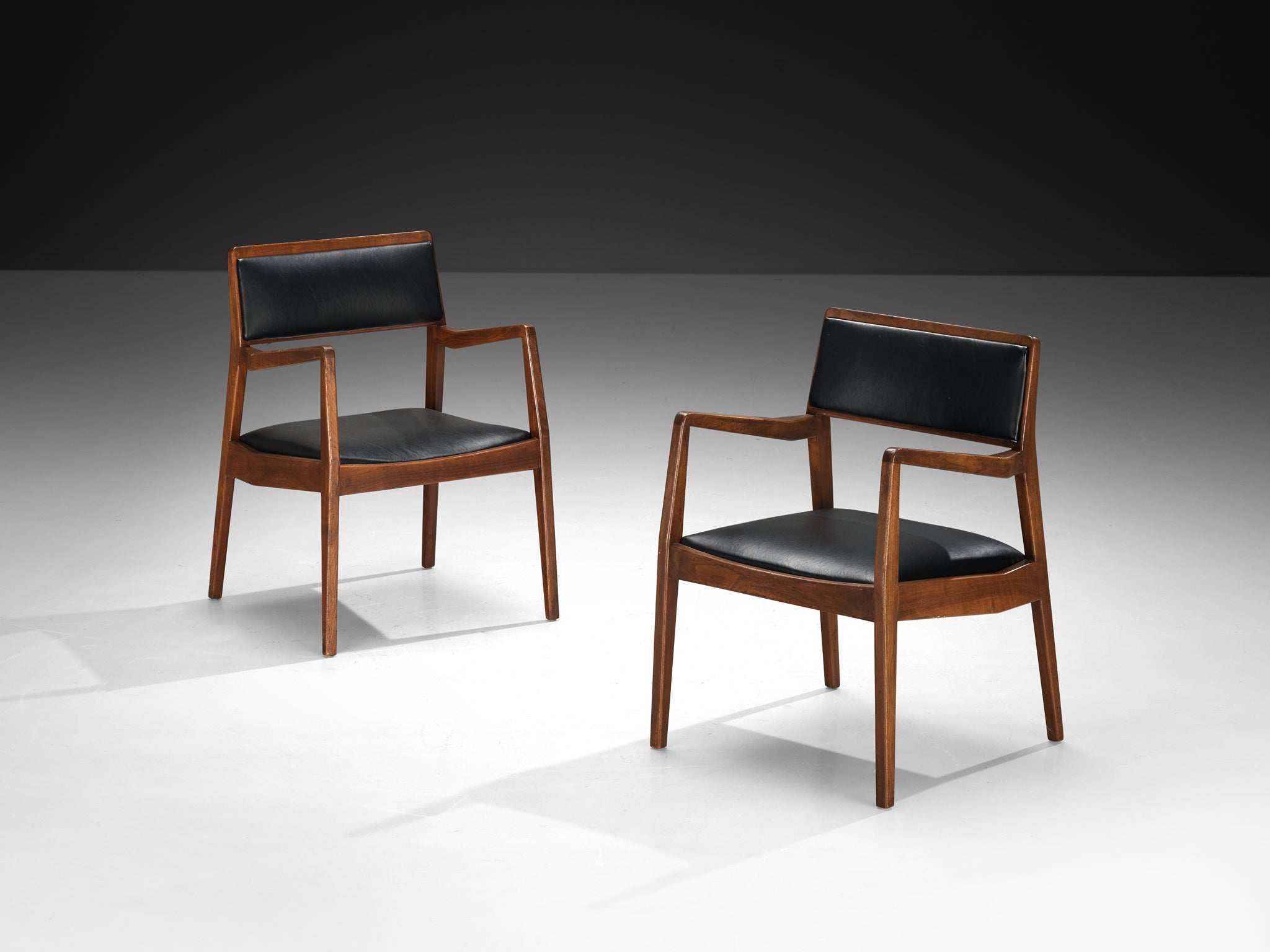 Jens Risom Set of Six ‘Playboy’ Armchairs in Black Upholstery and Walnut Seating Morentz