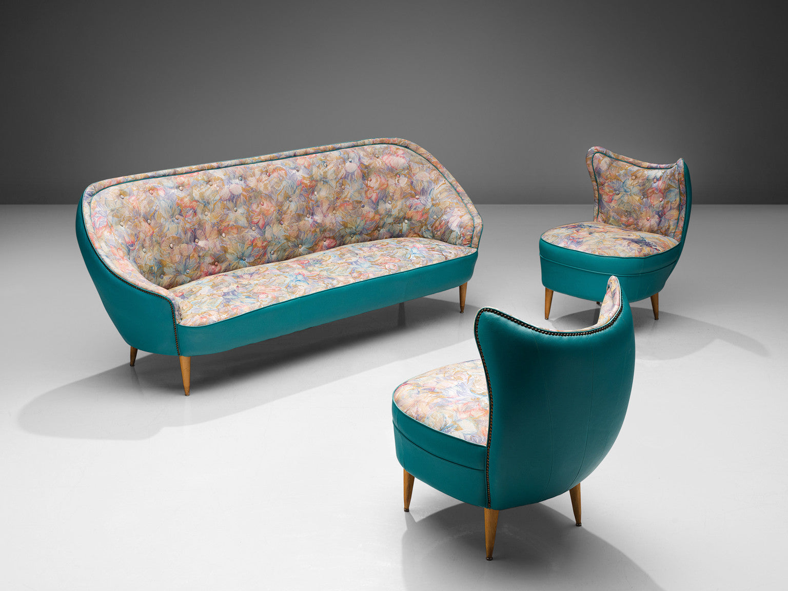 Classic Italian Pair of Lounge Chairs in Turquoise Leatherette Seating Morentz