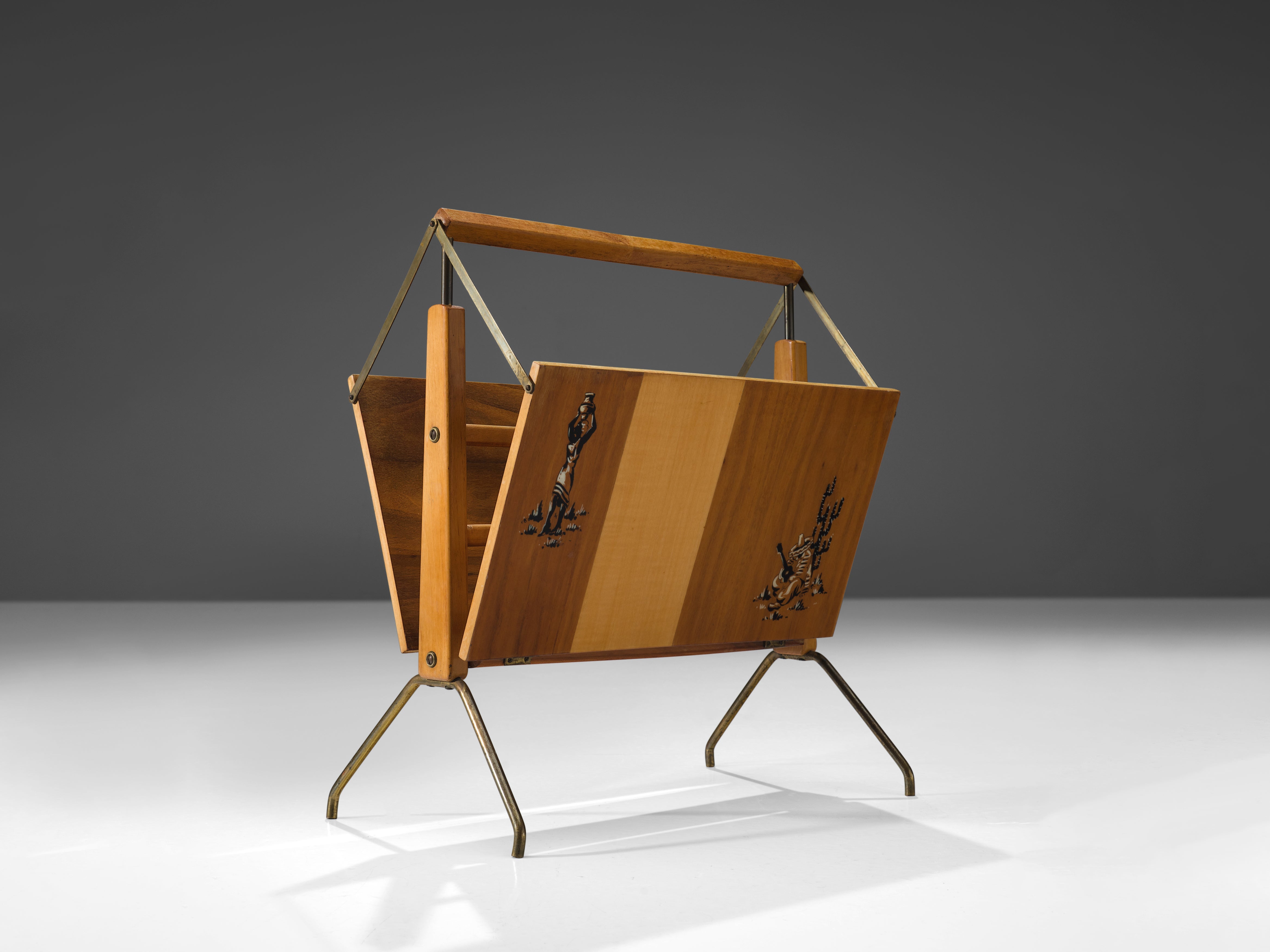 Italian Foldable Magazine Rack in Walnut and Brass with Illustrations more furniture and collectibles Morentz