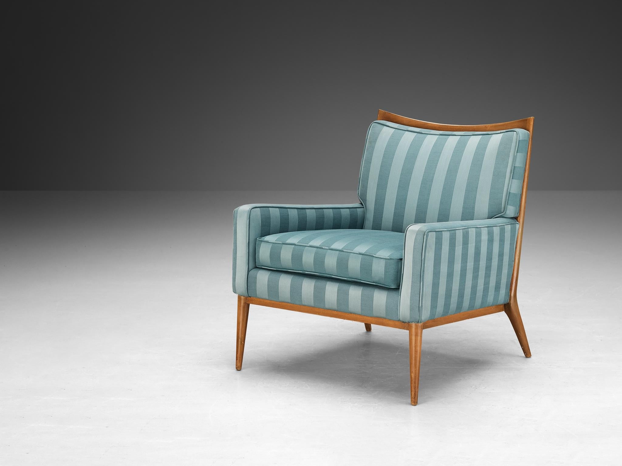 Paul McCobb Lounge Chair in Original Turquoise Upholstery and Walnut seating Morentz