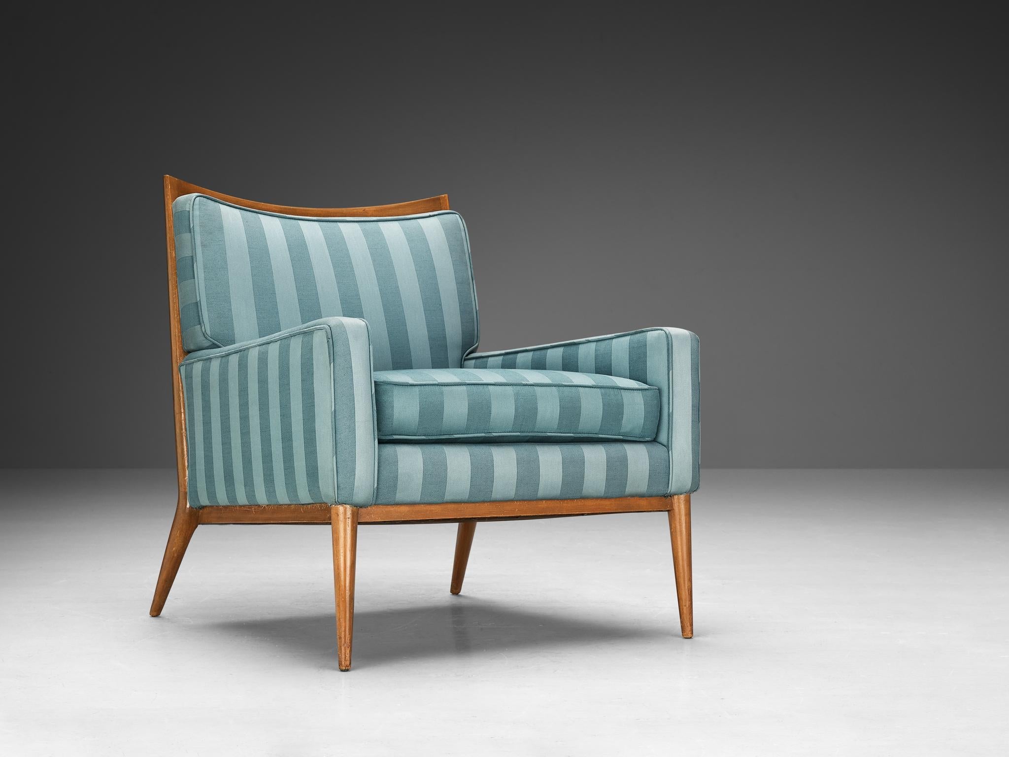 Paul McCobb Lounge Chair in Original Turquoise Upholstery and Walnut seating Morentz