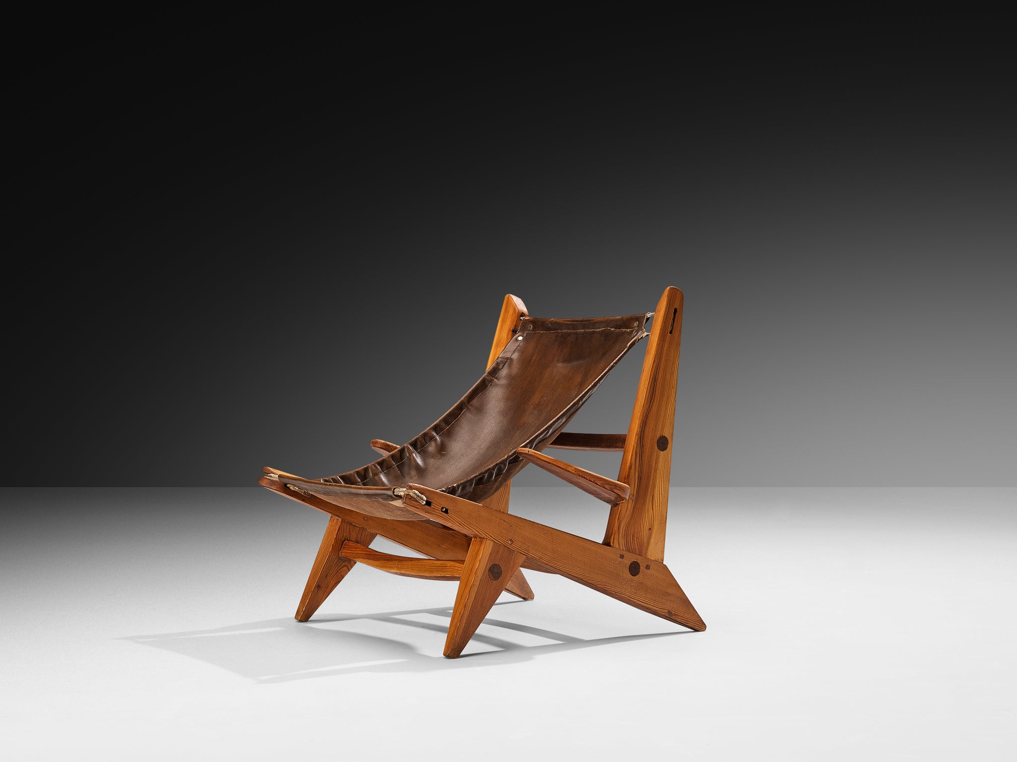 French Hunting Chairs in Pine and Brown Leather Seating Morentz