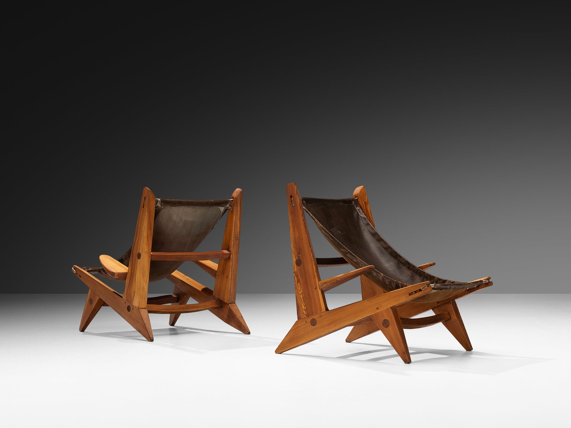 French Hunting Chairs in Pine and Brown Leather Seating Morentz