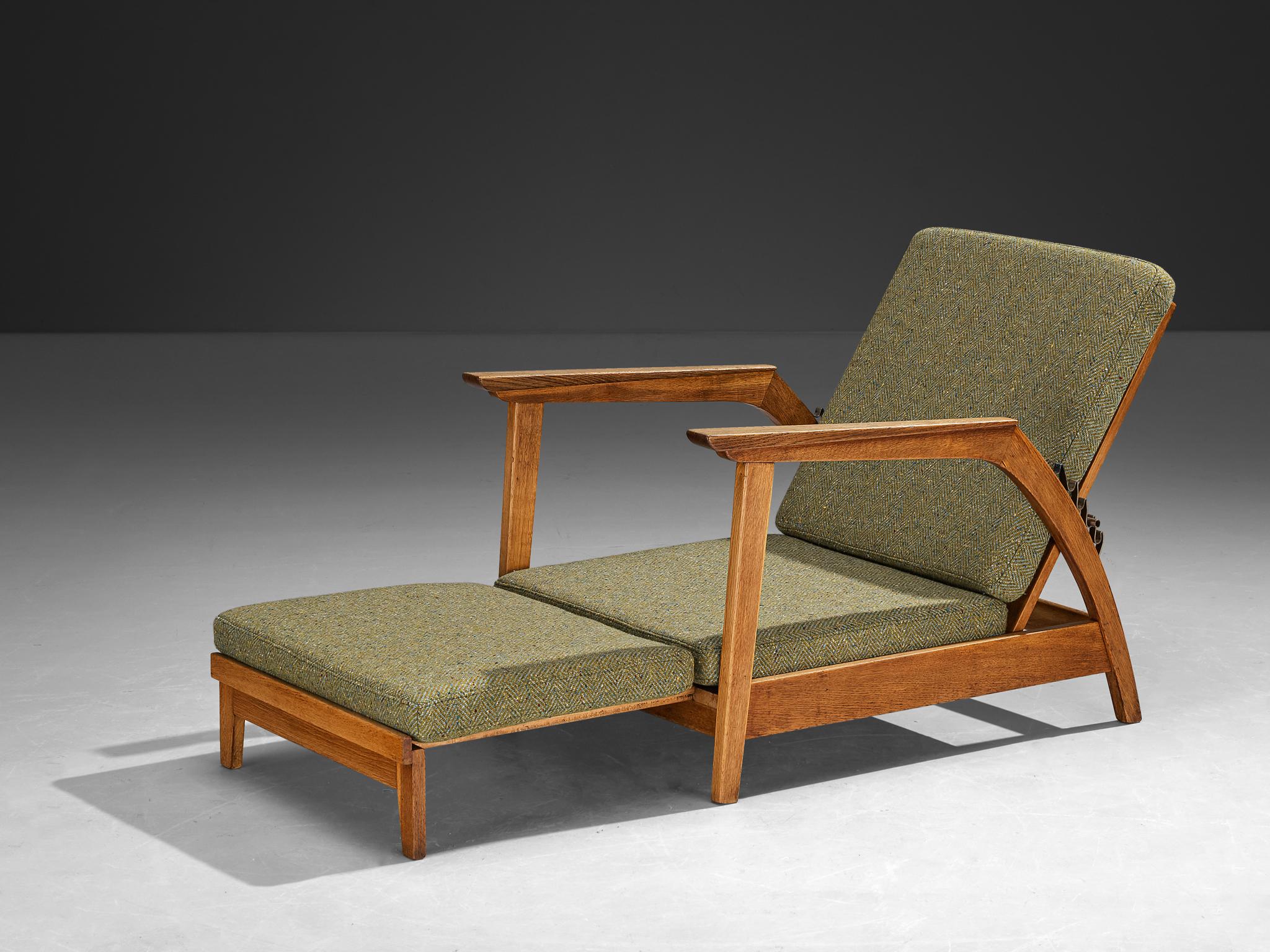 1950s Scandinavian Adjustable Chaise Longue in Solid Oak and Green Wool seating Morentz