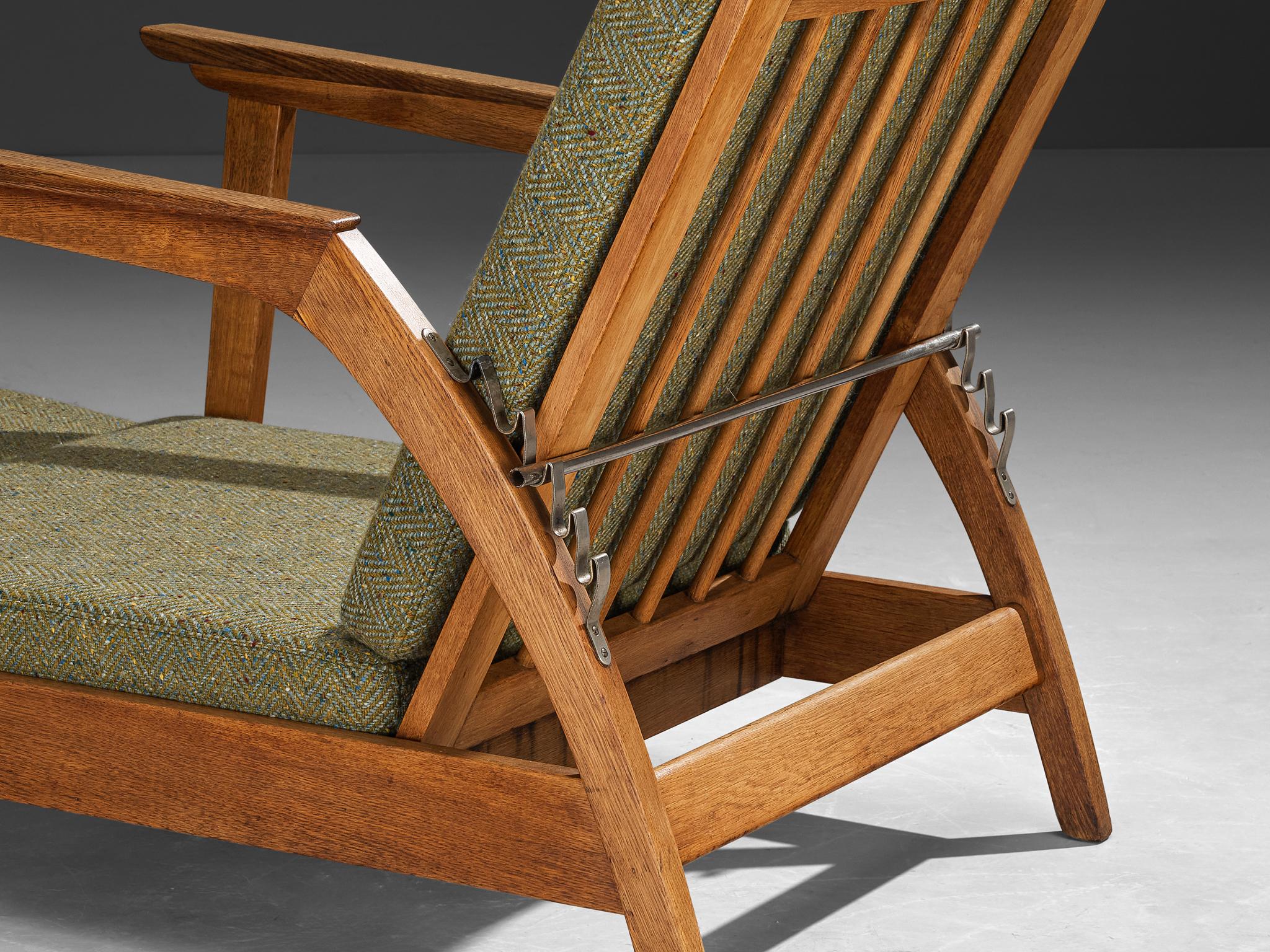 1950s Scandinavian Adjustable Chaise Longue in Solid Oak and Green Wool seating Morentz