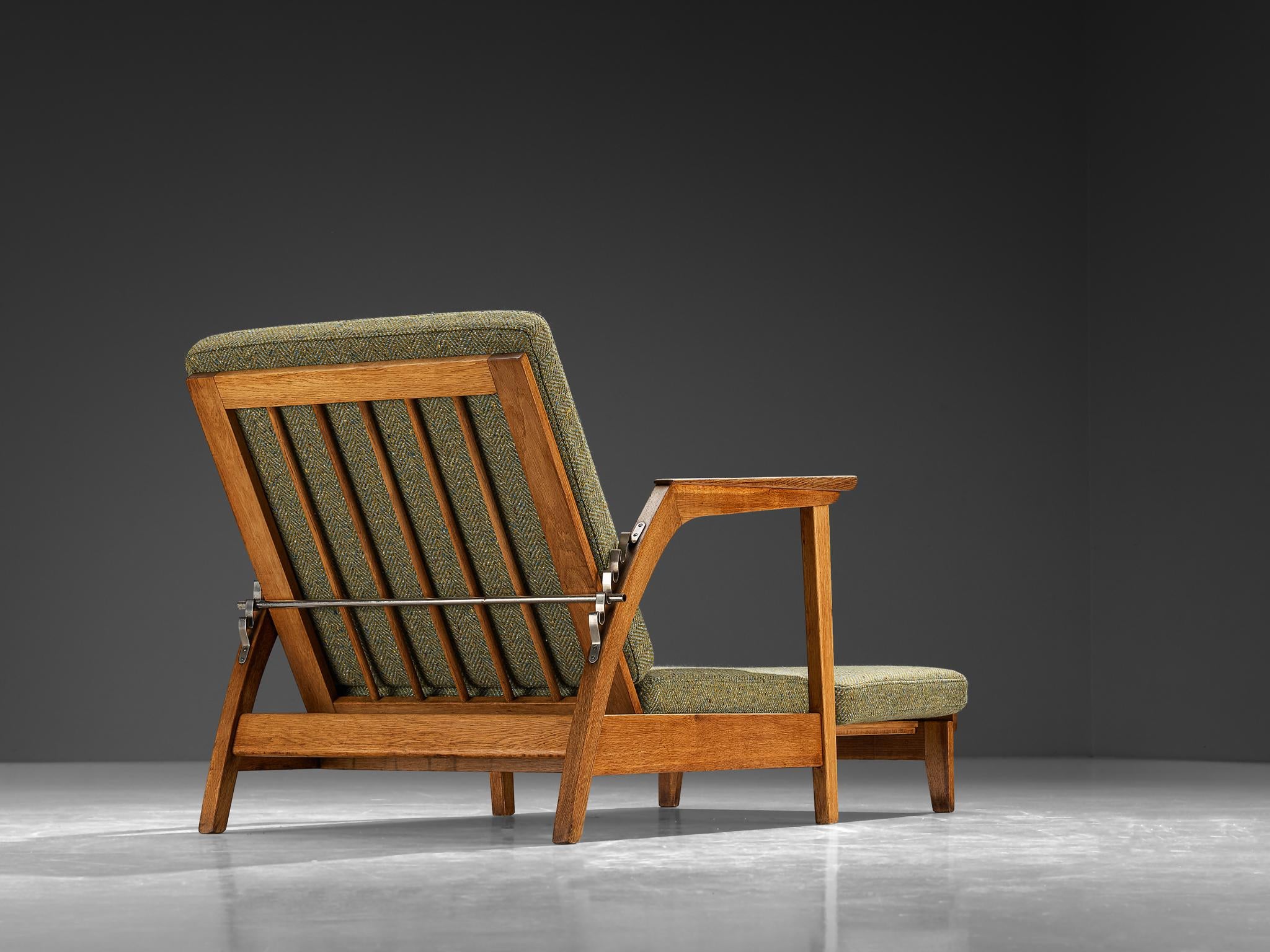 1950s Scandinavian Adjustable Chaise Longue in Solid Oak and Green Wool seating Morentz