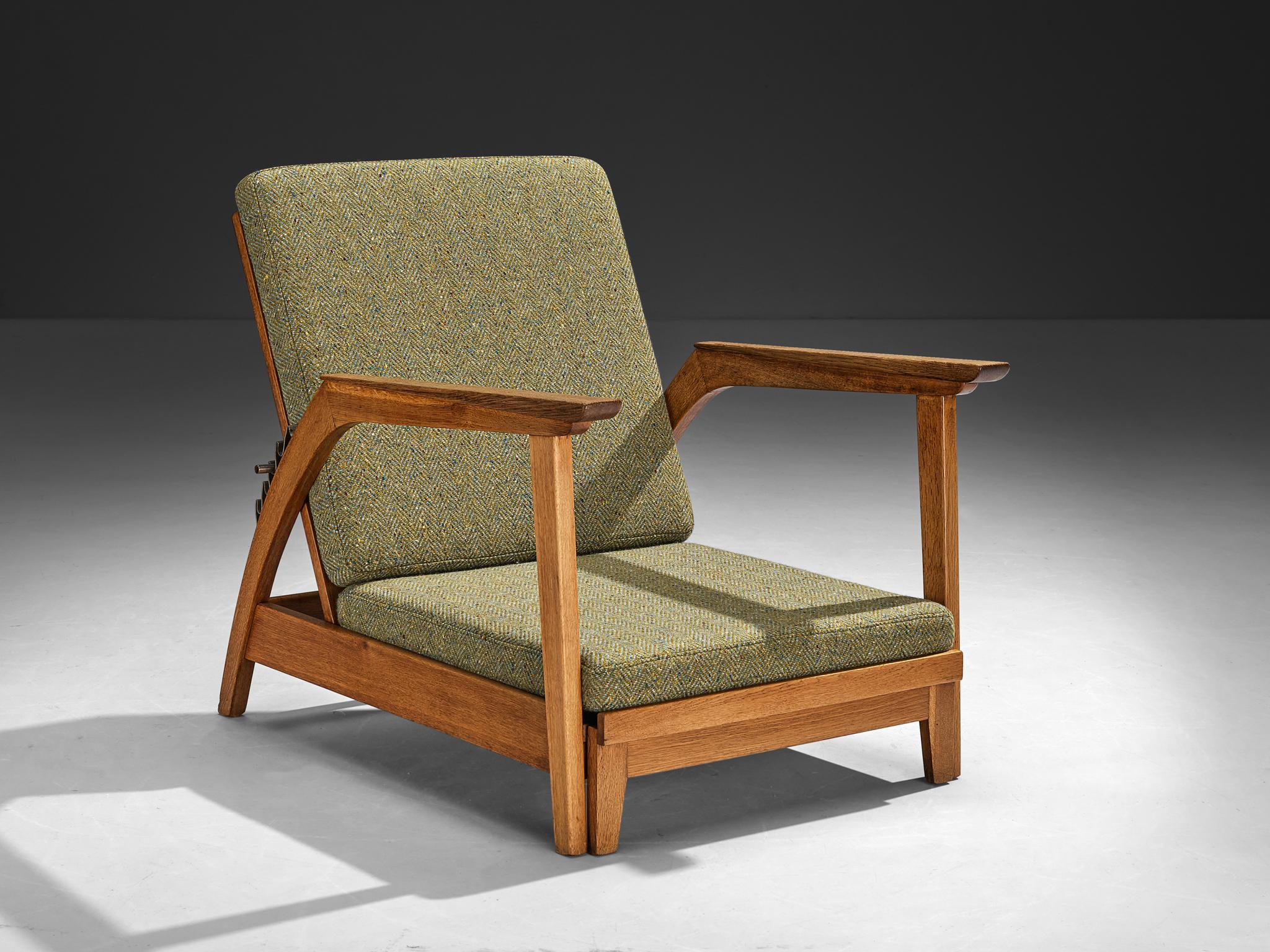 1950s Scandinavian Adjustable Chaise Longue in Solid Oak and Green Wool seating Morentz